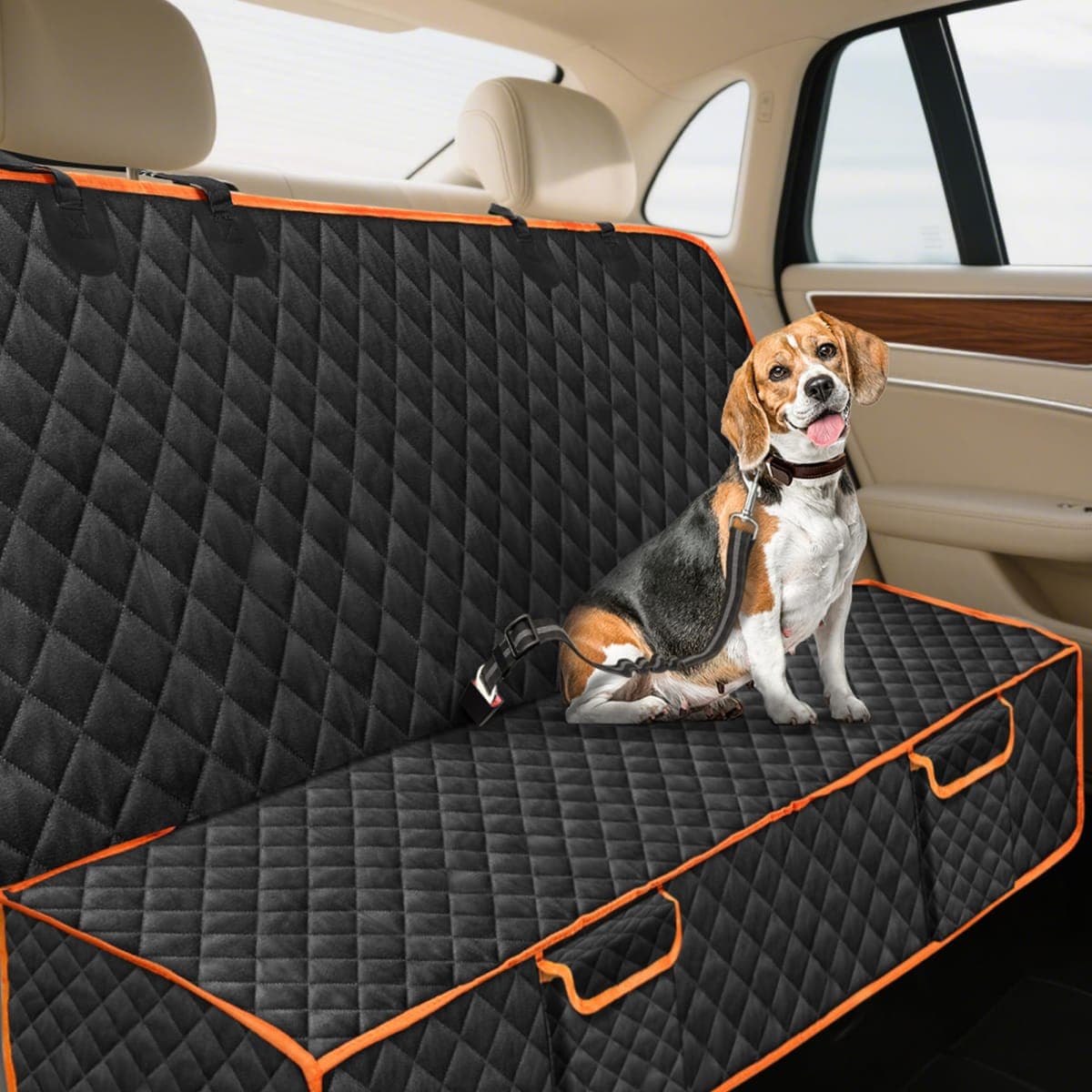 XHRING Dog Car Seat Cover for Honda CRV HRV Accessories, Scratchproof Pet Bench Back Seat Covers with Two Big Pockets - Black Orange thumbnail 4