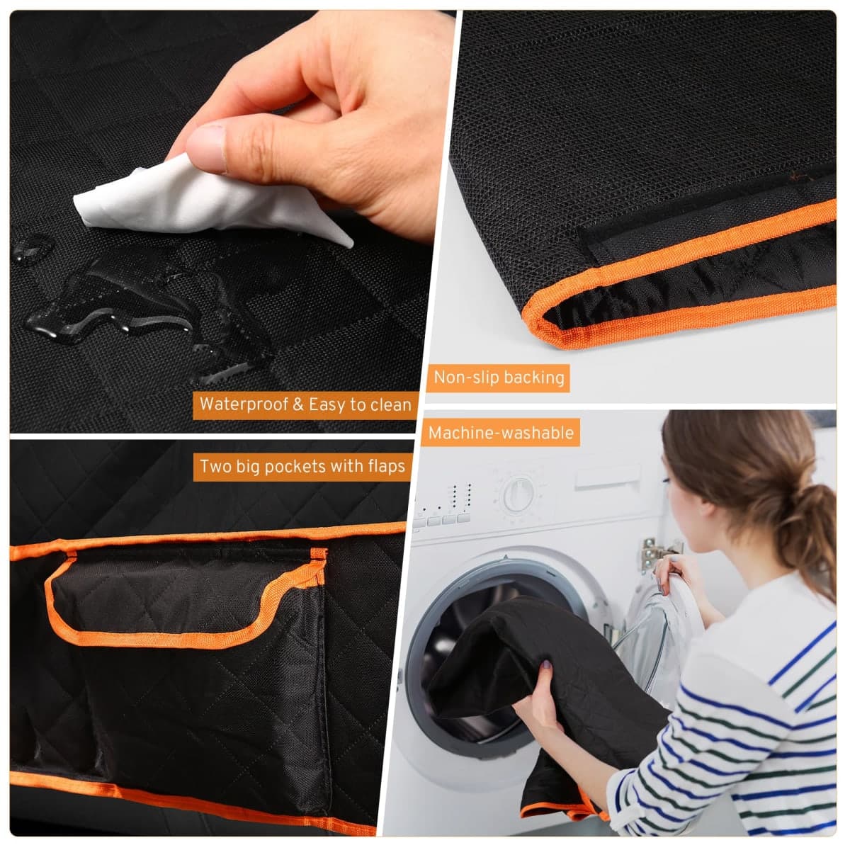 XHRING Dog Car Seat Cover for Honda CRV HRV Accessories, Scratchproof Pet Bench Back Seat Covers with Two Big Pockets - Black Orange thumbnail 5