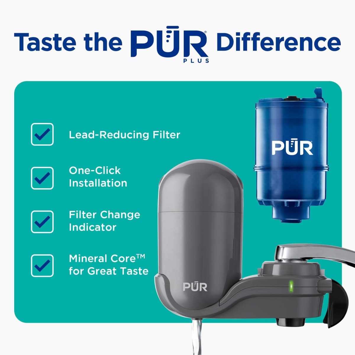 PUR Plus Vertical Faucet Mount Water Filtration System, Lead-Reducing Filter, Great-Tasting Water, Easy Install, Lasts 100 Gallons, Compatible with Sinks with External Aerators, Grey thumbnail 2