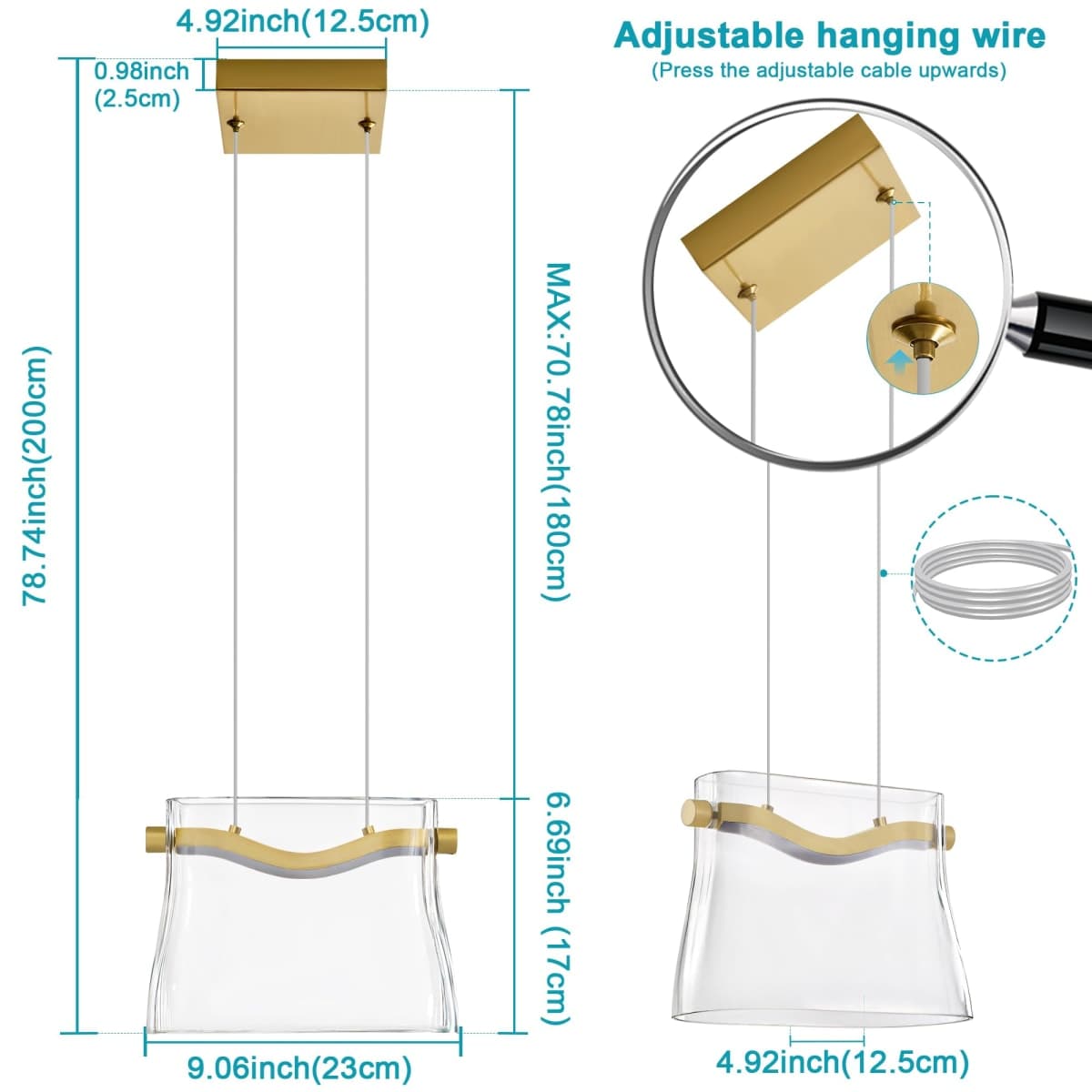 Vaziden Modern Glass Pendant Light Kitchen Island 1 Pack, Gold LED Pendant Light Fixtures with Clear Glass Shades, Adjustable Hanging Ceiling Light 9 Inch thumbnail 5