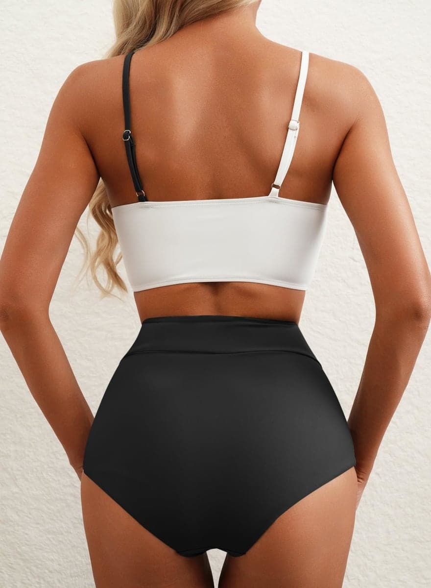 Herseas Women 2 Pieces High Waisted Bikini Set Cute Sports Color Block Swimsuit Cheeky Scoop Neck Bathing Suit 2025 Beach Vacation Clothes White X-Large thumbnail 2