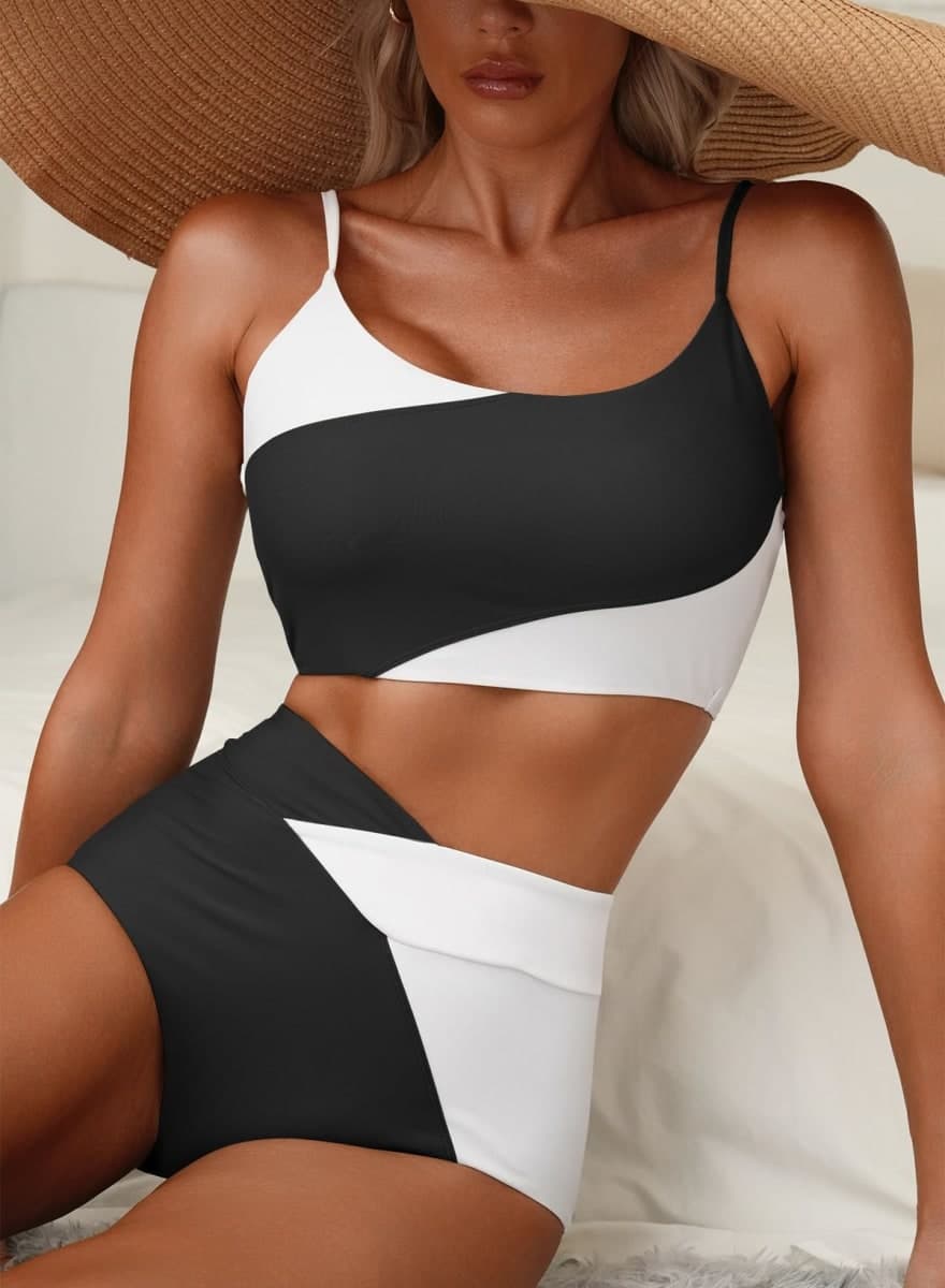 Herseas Women 2 Pieces High Waisted Bikini Set Cute Sports Color Block Swimsuit Cheeky Scoop Neck Bathing Suit 2025 Beach Vacation Clothes White X-Large thumbnail 3