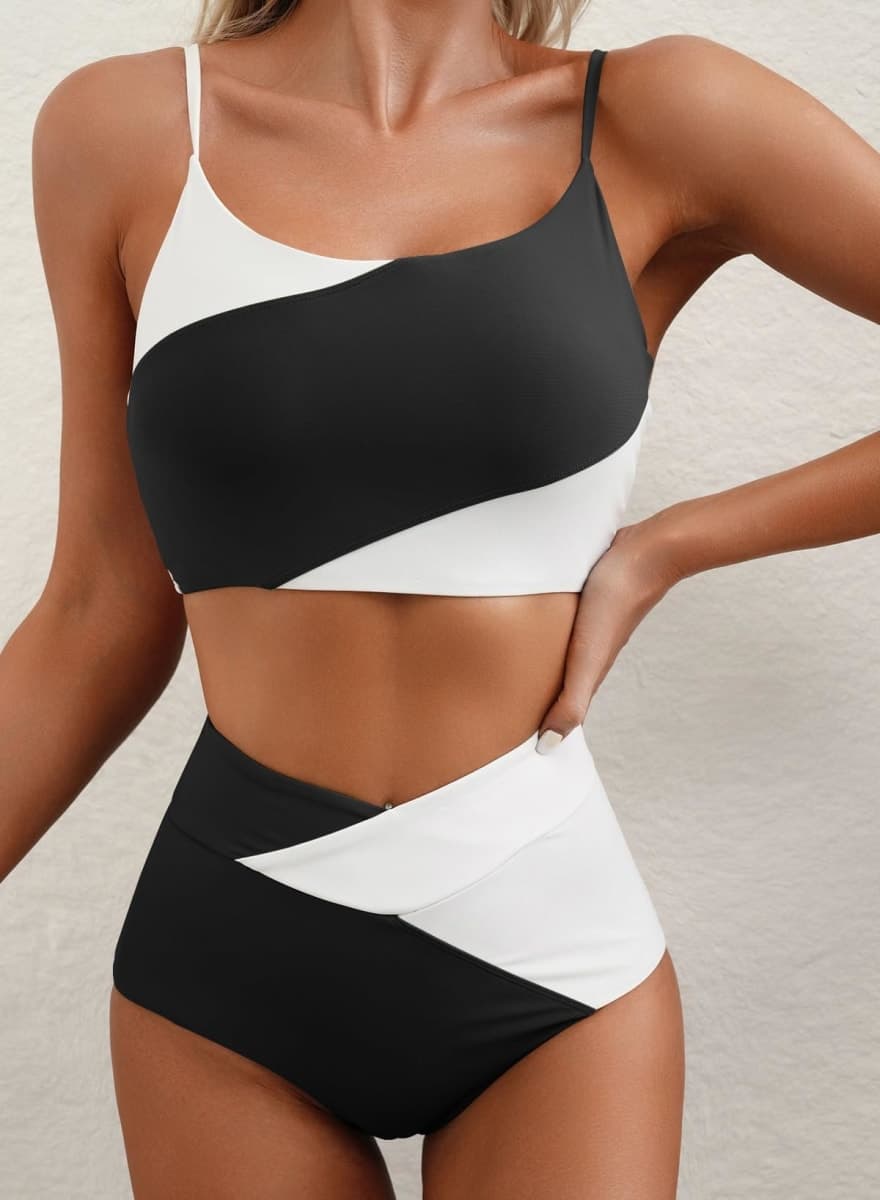 Herseas Women 2 Pieces High Waisted Bikini Set Cute Sports Color Block Swimsuit Cheeky Scoop Neck Bathing Suit 2025 Beach Vacation Clothes White X-Large thumbnail 4