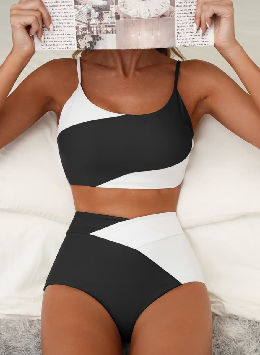 Herseas Women 2 Pieces High Waisted Bikini Set Cute Sports Color Block Swimsuit Cheeky Scoop Neck Bathing Suit 2025 Beach Vacation Clothes White X-Large thumbnail 5