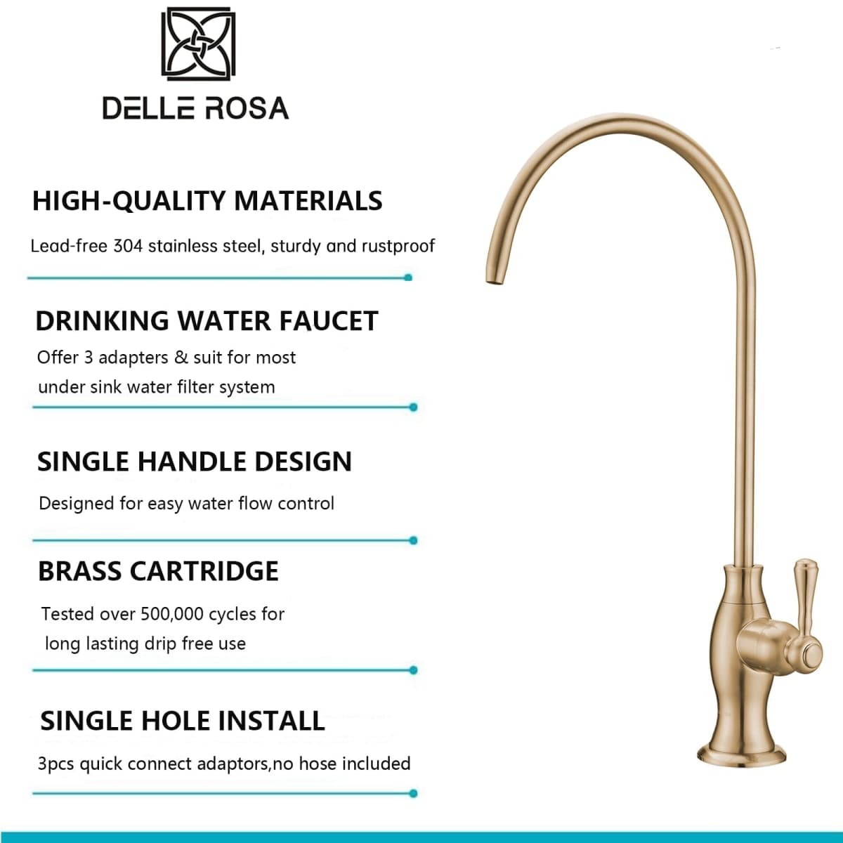 Delle Rosa Brushed Gold Drinking Water Faucet, Non-Air Gap Stainless Steel Kitchen Water Filter Faucet, Classical Water Filtration Faucet for Under Sink Water Filter System Brushed Gold（Light Gold） thumbnail 3