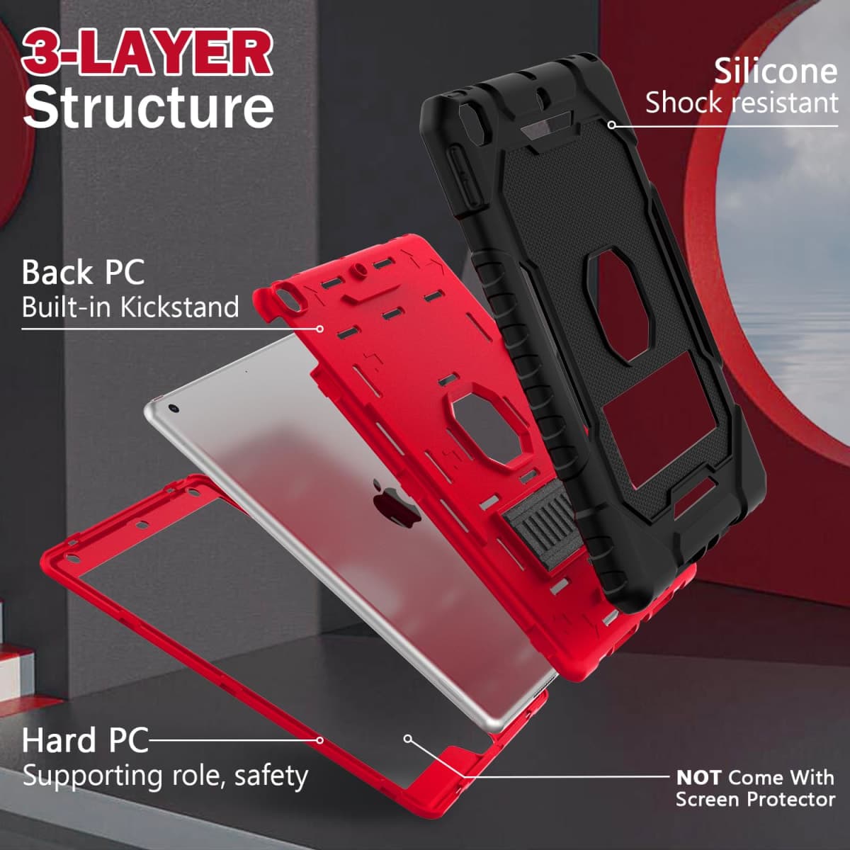 ZoneFoker Case for iPad 9th/8th/7th Generation 2021/2020/2019(10.2 inch), Heavy Duty Military Grade Shockproof Rugged Protective 10.2" Cover with Built-in Stand for iPad 9 8 7 Gen (Black+Red) thumbnail 5