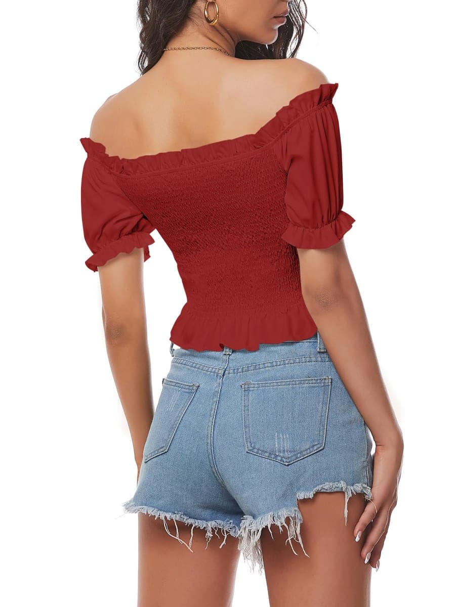 LYANER Women's Off Shoulder Shirred Short Sleeve Crop Blouse Tee Top, Dark Green, Small thumbnail 2