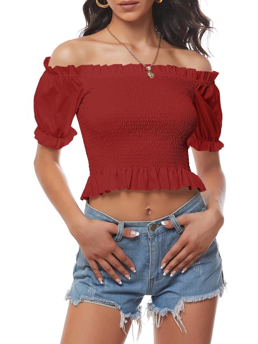 LYANER Women's Off Shoulder Shirred Short Sleeve Crop Blouse Tee Top, Dark Green, Small thumbnail 3