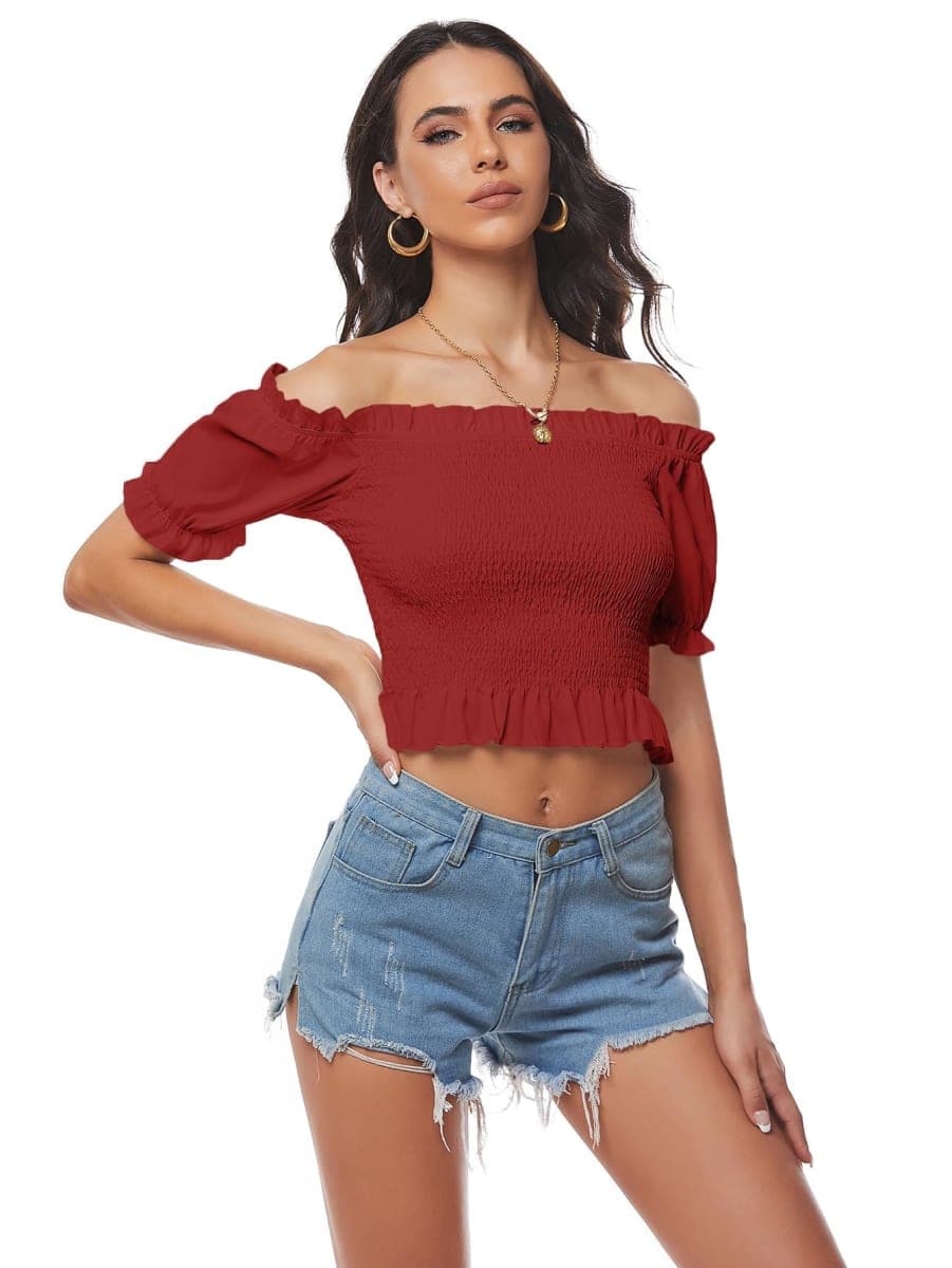 LYANER Women's Off Shoulder Shirred Short Sleeve Crop Blouse Tee Top, Dark Green, Small thumbnail 4