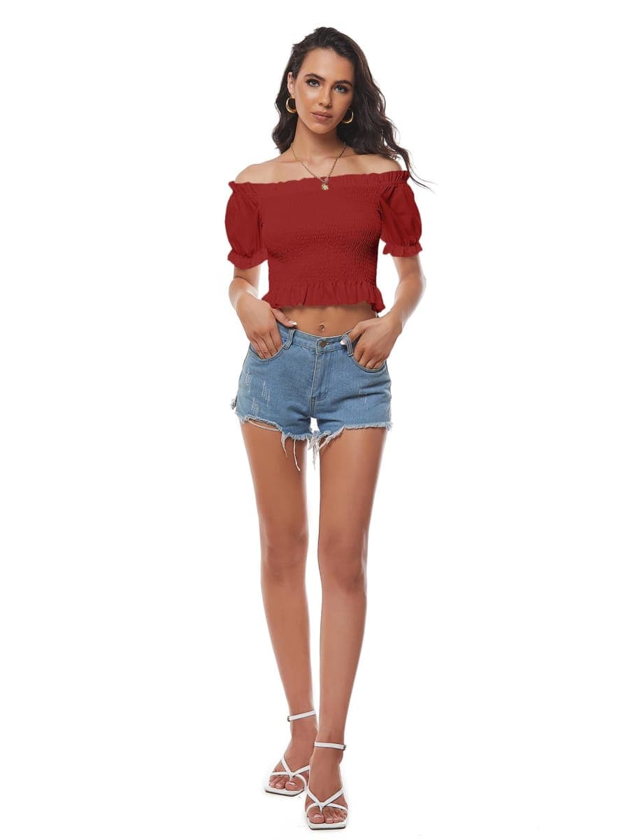 LYANER Women's Off Shoulder Shirred Short Sleeve Crop Blouse Tee Top, Dark Green, Small thumbnail 5