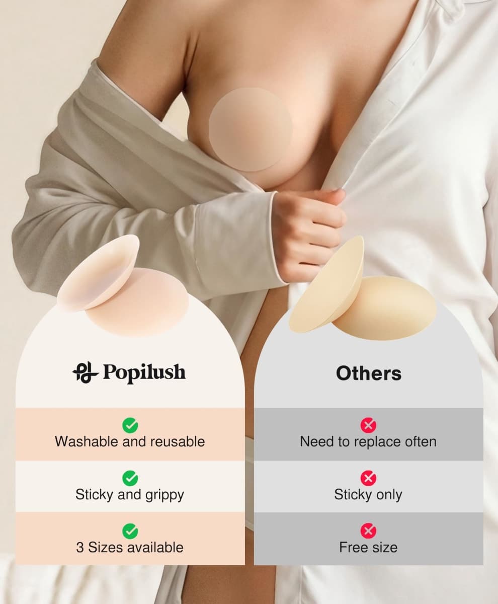 Popilush Nipple Covers for Women - Sticky Bra Reusable Silicone Pasties Waterproof with Travel Case Crème thumbnail 2