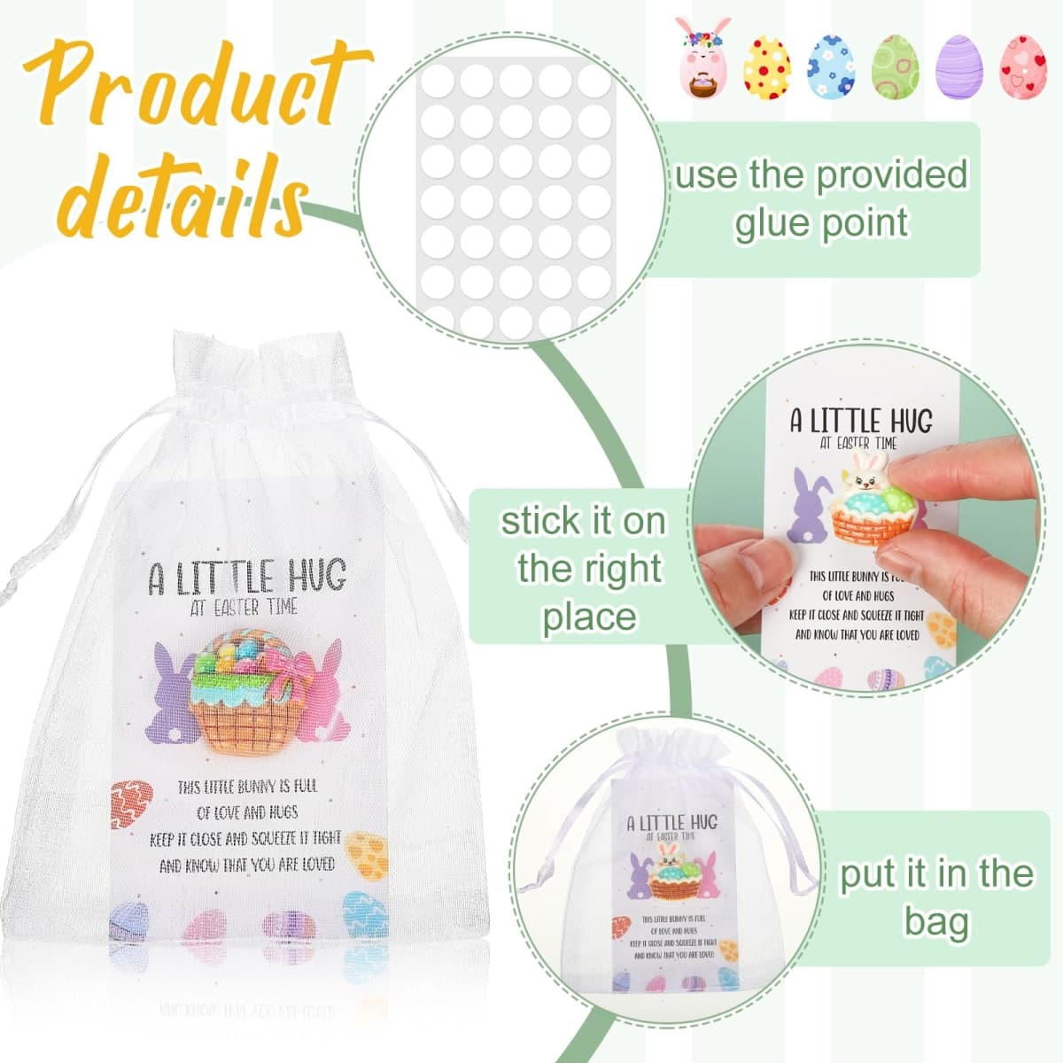 Motipuns 40 Sets Easter Little Pocket Hug Gifts Bulk Rabbit Easter Eggs Pocket Hug Token with Cards and Bags, Small Gifts for Employee Appreciation Staff Coworker Present(Lovely) thumbnail 3