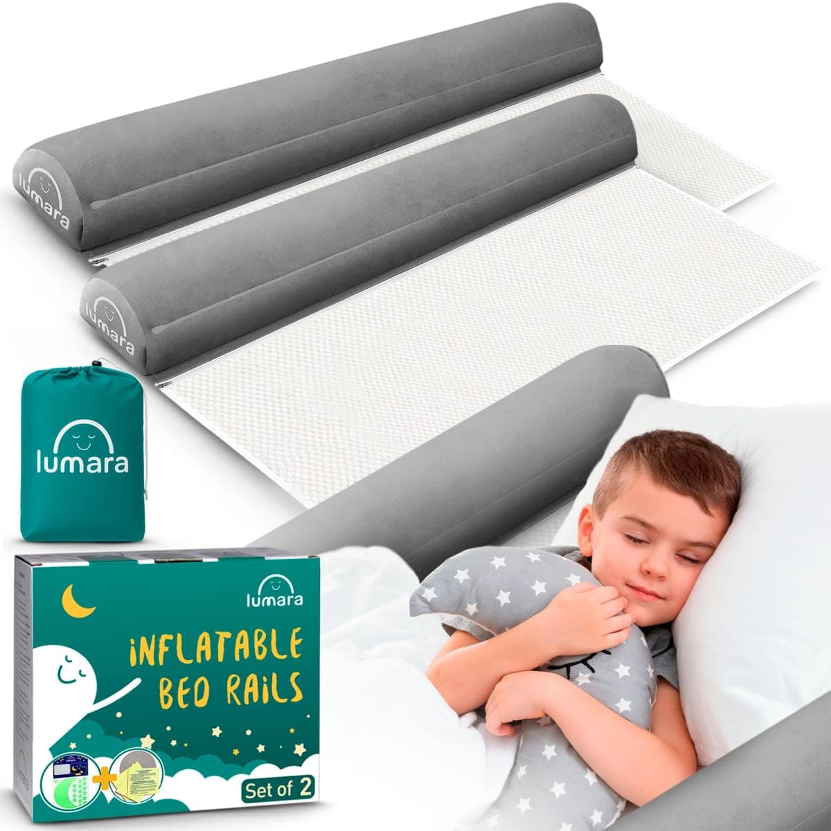 LUMARA Inflatable Bed Rail for Toddlers 2 Pack - Travel Bed Rails, Portable Bed Bumper for Twin, Full, Queen, King Size Beds - Blow Up Bed Bumpers for Kids with Non Slip Flap, Toddler Bed Guard Rail — image 1