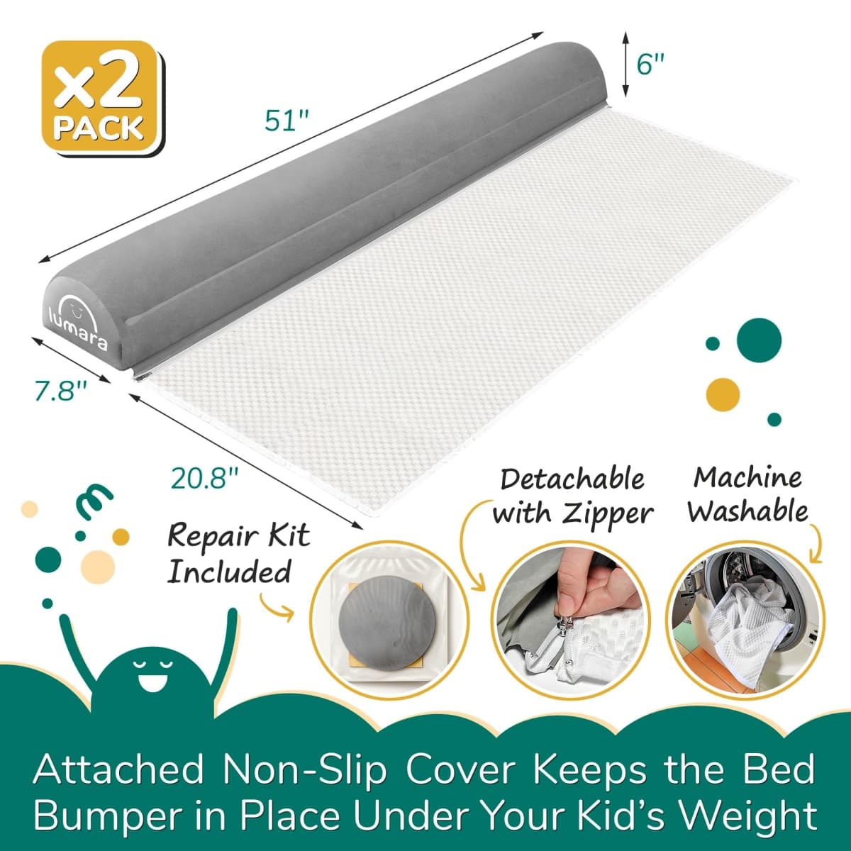 LUMARA Inflatable Bed Rail for Toddlers 2 Pack - Travel Bed Rails, Portable Bed Bumper for Twin, Full, Queen, King Size Beds - Blow Up Bed Bumpers for Kids with Non Slip Flap, Toddler Bed Guard Rail thumbnail 2