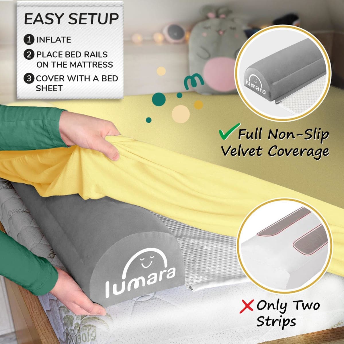 LUMARA Inflatable Bed Rail for Toddlers 2 Pack - Travel Bed Rails, Portable Bed Bumper for Twin, Full, Queen, King Size Beds - Blow Up Bed Bumpers for Kids with Non Slip Flap, Toddler Bed Guard Rail thumbnail 4