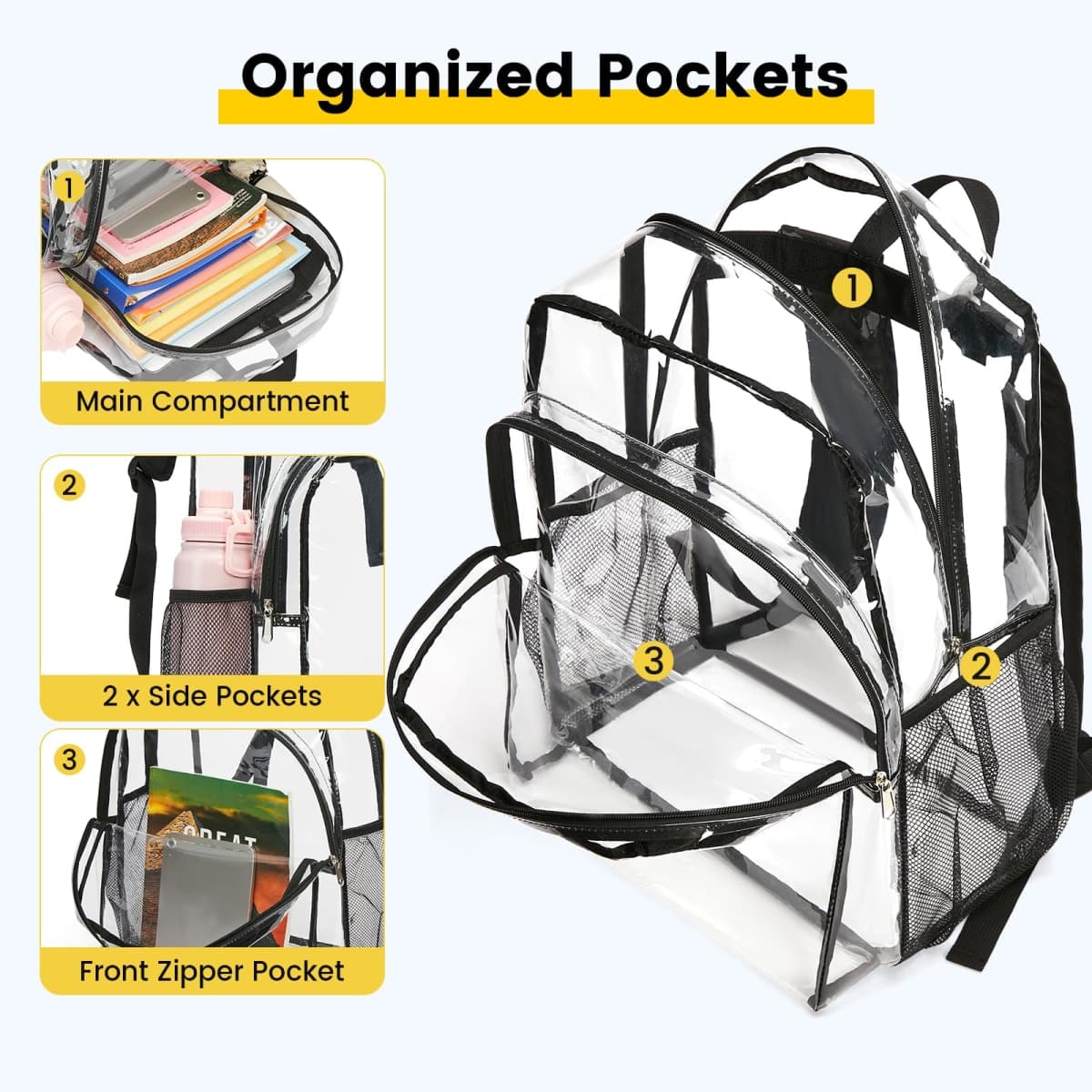 Vorspack Clear Backpack Heavy Duty - Transparent See Through Backpacks Extra Large Clear Bookbag for College Work Travel - Black thumbnail 4
