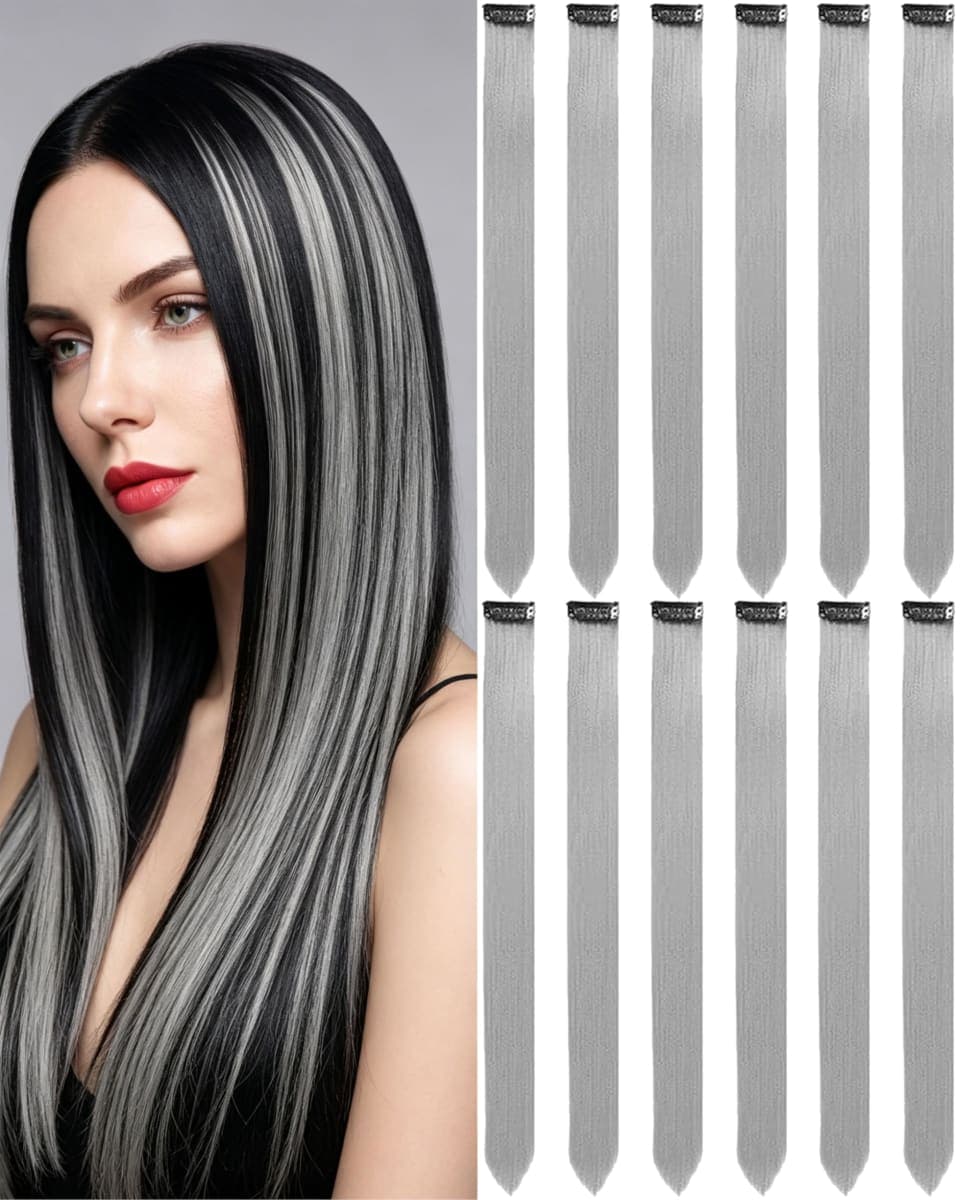 Olldag 12 PCS Grey Hair Extensions Clip in, Olldag 22-inch Colored Party Synthetic Neon Highlights Extensions, Rainbow Hair Accessories for Women Hair Pieces — image 1