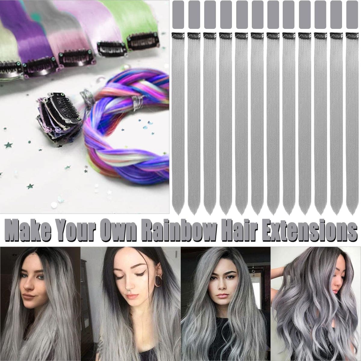 Olldag 12 PCS Grey Hair Extensions Clip in, Olldag 22-inch Colored Party Synthetic Neon Highlights Extensions, Rainbow Hair Accessories for Women Hair Pieces thumbnail 2
