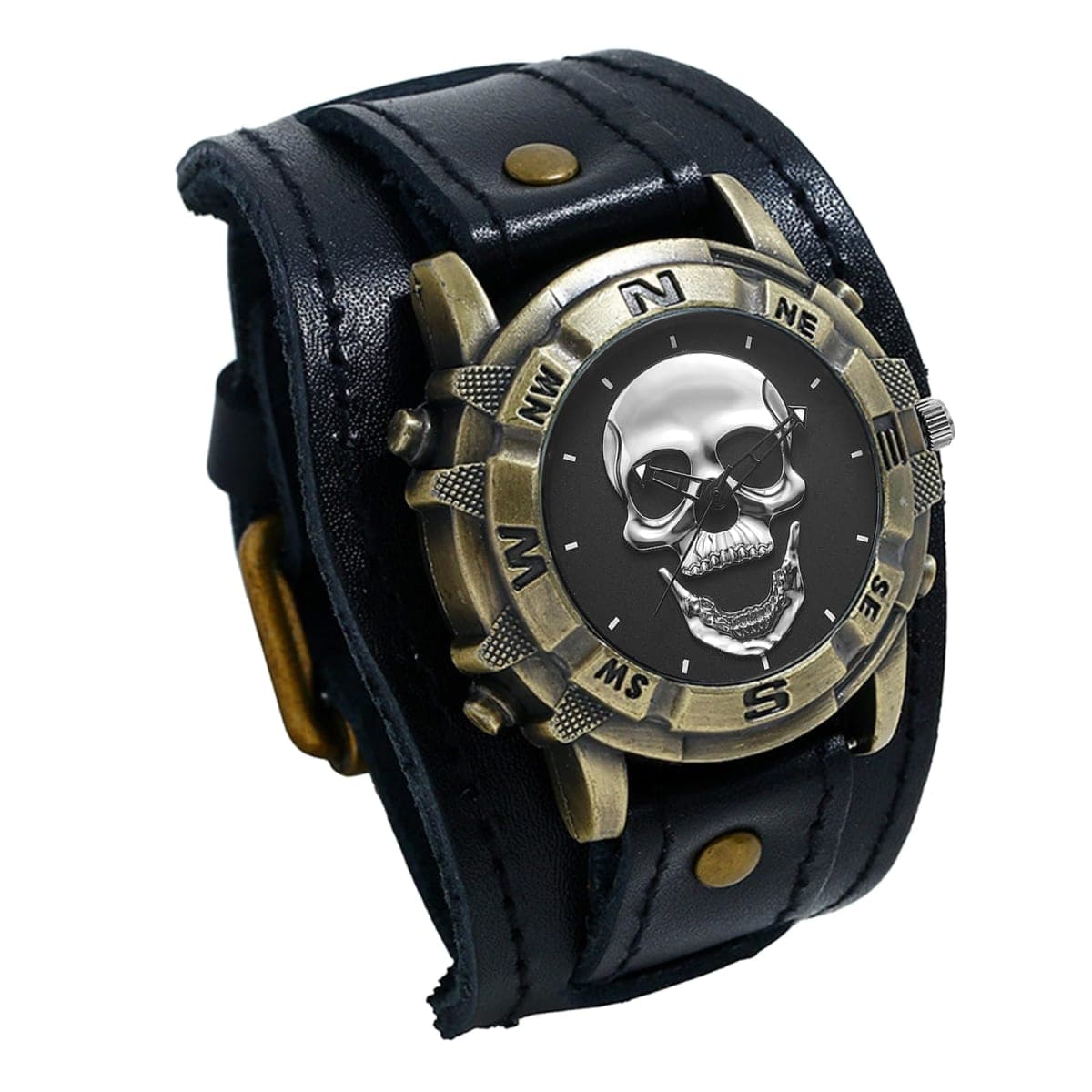Avaner Vintage Punk Leather Watches: Retro Bronze Skull Wide Band Quartz Cuff Watches for Men