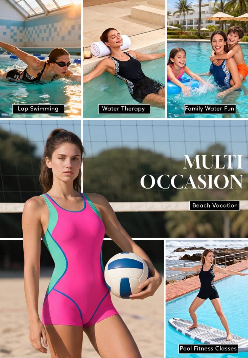 Zando One Piece Swimsuit Women Boyleg Swimsuits for Women One Piece Tummy Control Bathing Suit Sporty Boyshorts Swimwear, Neon Pink Green Splicing, 6-8 thumbnail 3