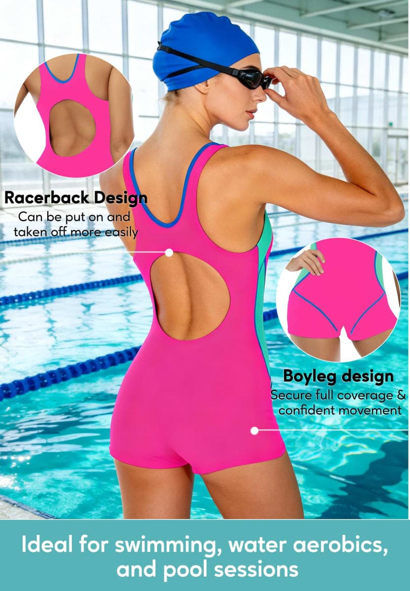 Zando One Piece Swimsuit Women Boyleg Swimsuits for Women One Piece Tummy Control Bathing Suit Sporty Boyshorts Swimwear, Neon Pink Green Splicing, 6-8 thumbnail 5