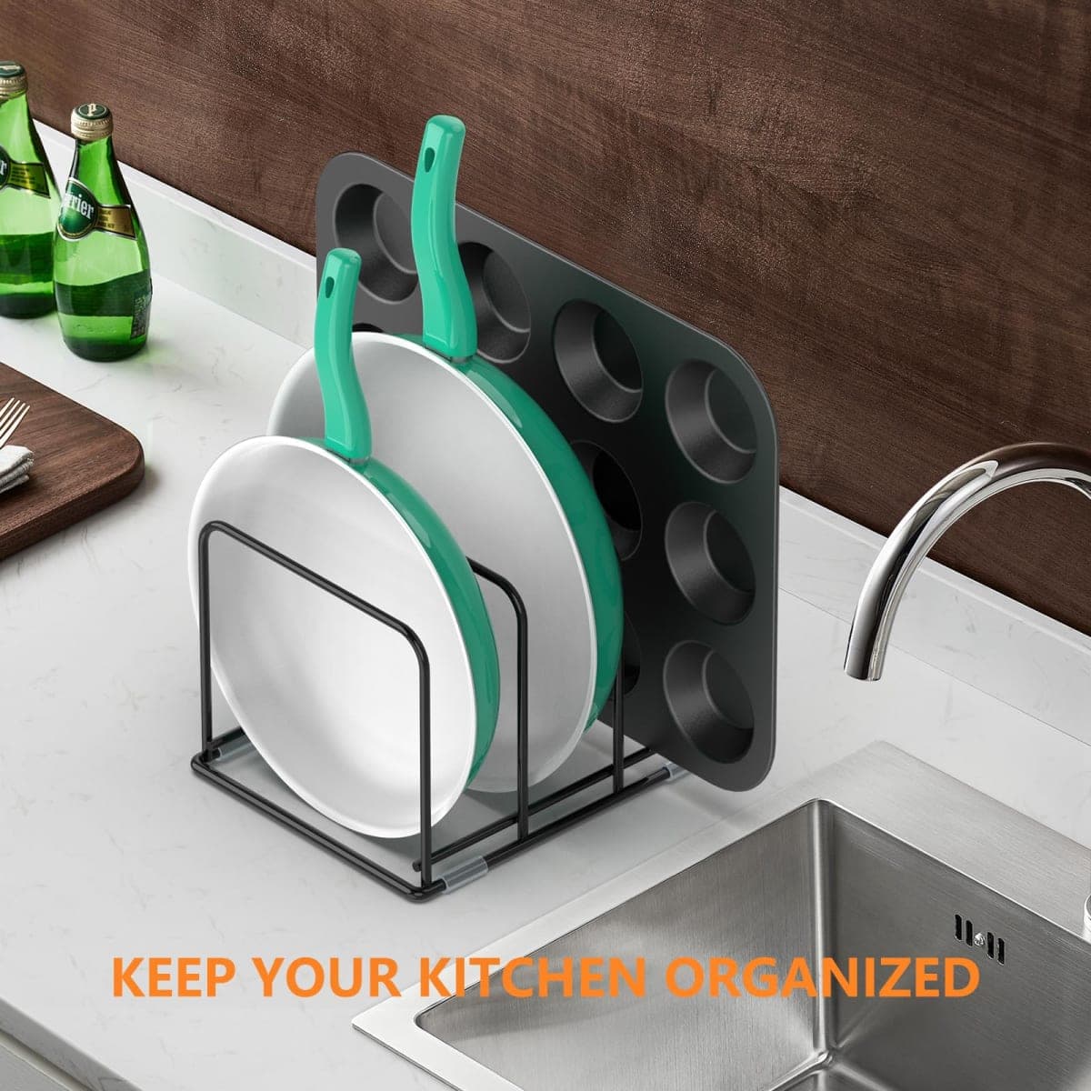 KORRTFID Kitchen Cabinet Organizer, Steel Cookware Holder, Divided Holder with 5 Slots for Skillets Baking Tray and Chopping Board Rack - Pan Holder Storage (small) thumbnail 5