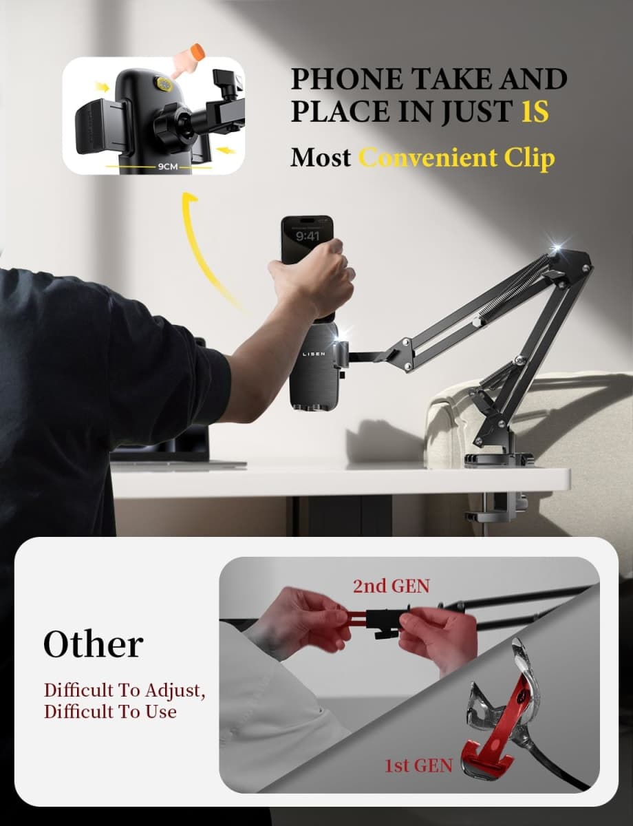 LISEN for Gooseneck Phone Holder for Bed Desk [3rd Upgrade] Cell Phone Stand for Desk Bed iPhone Holder Laying Down，Flexible Arm Clamp Clip Phone Mount Stand for Filming Fits iPhone 16 15,Black thumbnail 3