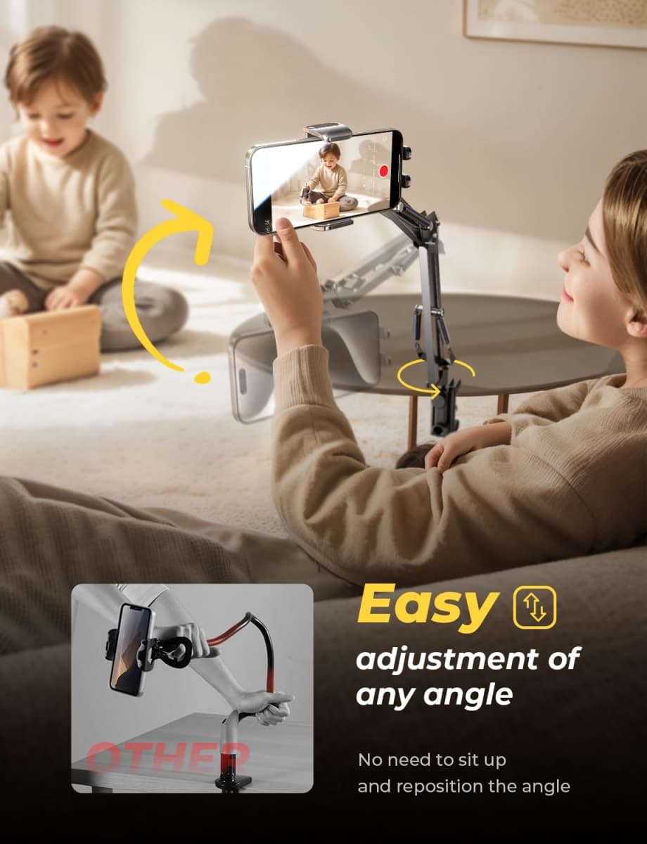 LISEN for Gooseneck Phone Holder for Bed Desk [3rd Upgrade] Cell Phone Stand for Desk Bed iPhone Holder Laying Down，Flexible Arm Clamp Clip Phone Mount Stand for Filming Fits iPhone 16 15,Black thumbnail 4