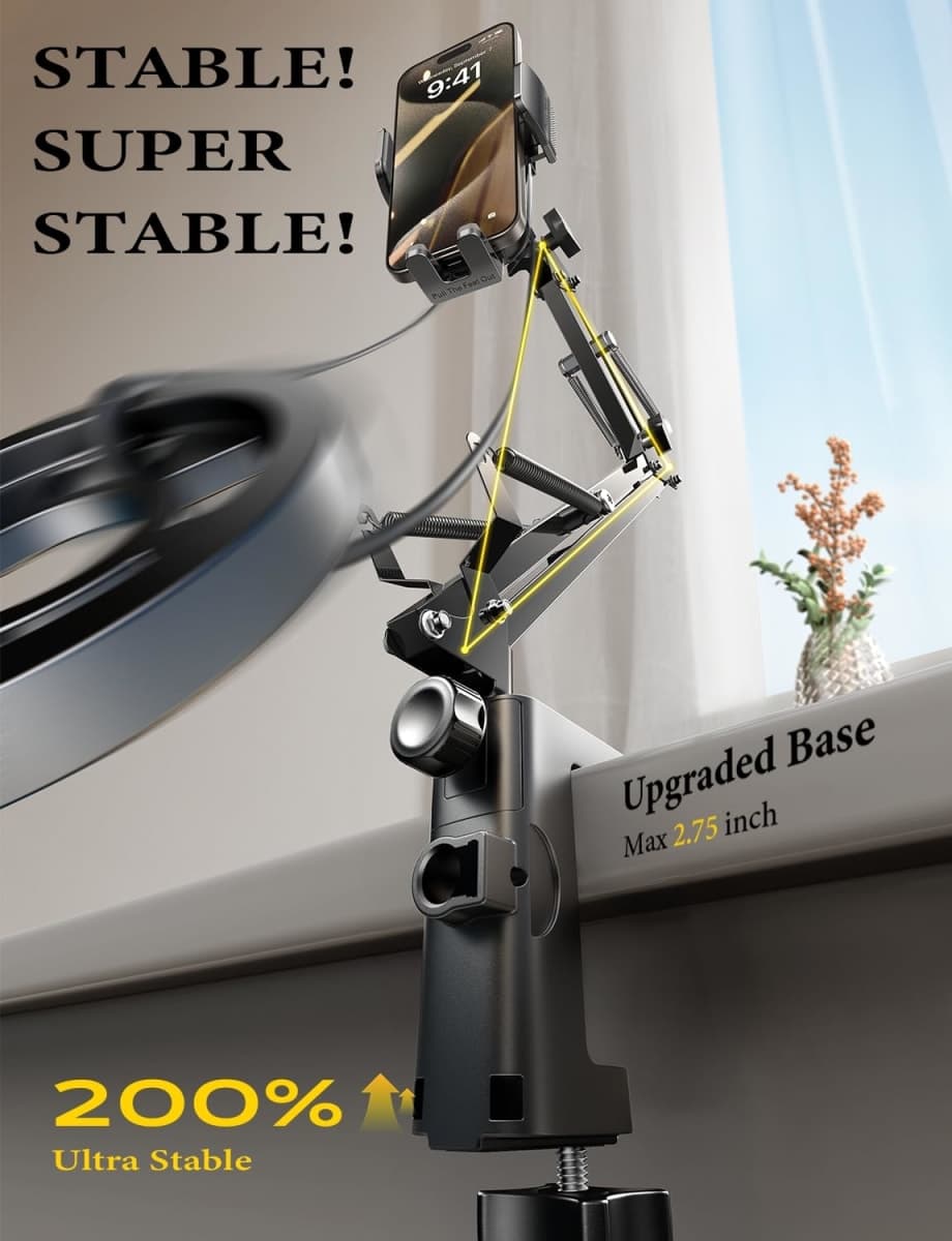 LISEN for Gooseneck Phone Holder for Bed Desk [3rd Upgrade] Cell Phone Stand for Desk Bed iPhone Holder Laying Down，Flexible Arm Clamp Clip Phone Mount Stand for Filming Fits iPhone 16 15,Black thumbnail 5