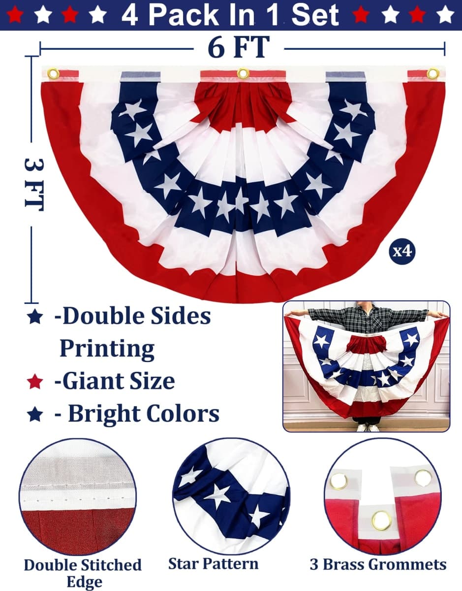 TURNMEON 4 Pack Extra Large 3x6 Feet American Flag Pleated Fan Patriotic Decor, 4th of July Decorations Outdoor USA Bunting Flag US Red White Blue Banner Independence Day, National Day Memorial Day thumbnail 2