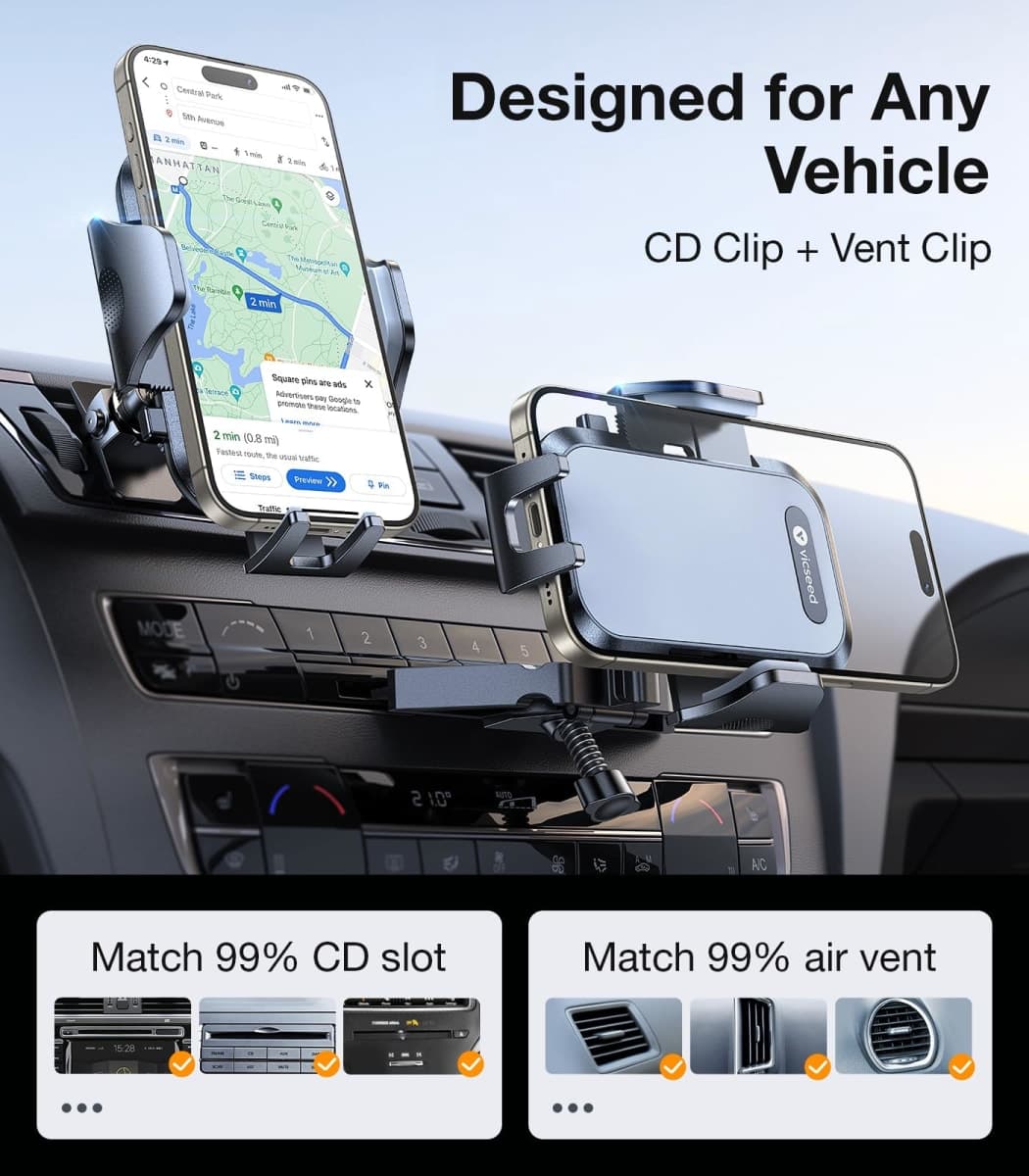 VICSEED 𝗠𝗶𝗹𝗶𝘁𝗮𝗿𝘆-𝗚𝗿𝗮𝗱𝗲 𝗦𝘁𝘂𝗿𝗱𝘆 Phone Mount for Car, 𝗨𝗽𝗴𝗿𝗮𝗱𝗲𝗱 𝗔𝗻𝘁𝗶 𝗦𝗵𝗮𝗸𝗲 CD Slot & Air Vent Thick Case Friendly Car Phone Holder Mount Fit for iPhone 14 13 All Phones thumbnail 2