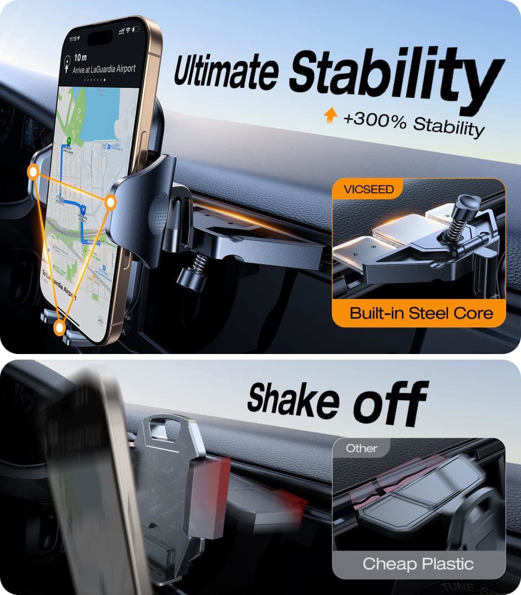 VICSEED 𝗠𝗶𝗹𝗶𝘁𝗮𝗿𝘆-𝗚𝗿𝗮𝗱𝗲 𝗦𝘁𝘂𝗿𝗱𝘆 Phone Mount for Car, 𝗨𝗽𝗴𝗿𝗮𝗱𝗲𝗱 𝗔𝗻𝘁𝗶 𝗦𝗵𝗮𝗸𝗲 CD Slot & Air Vent Thick Case Friendly Car Phone Holder Mount Fit for iPhone 14 13 All Phones thumbnail 3