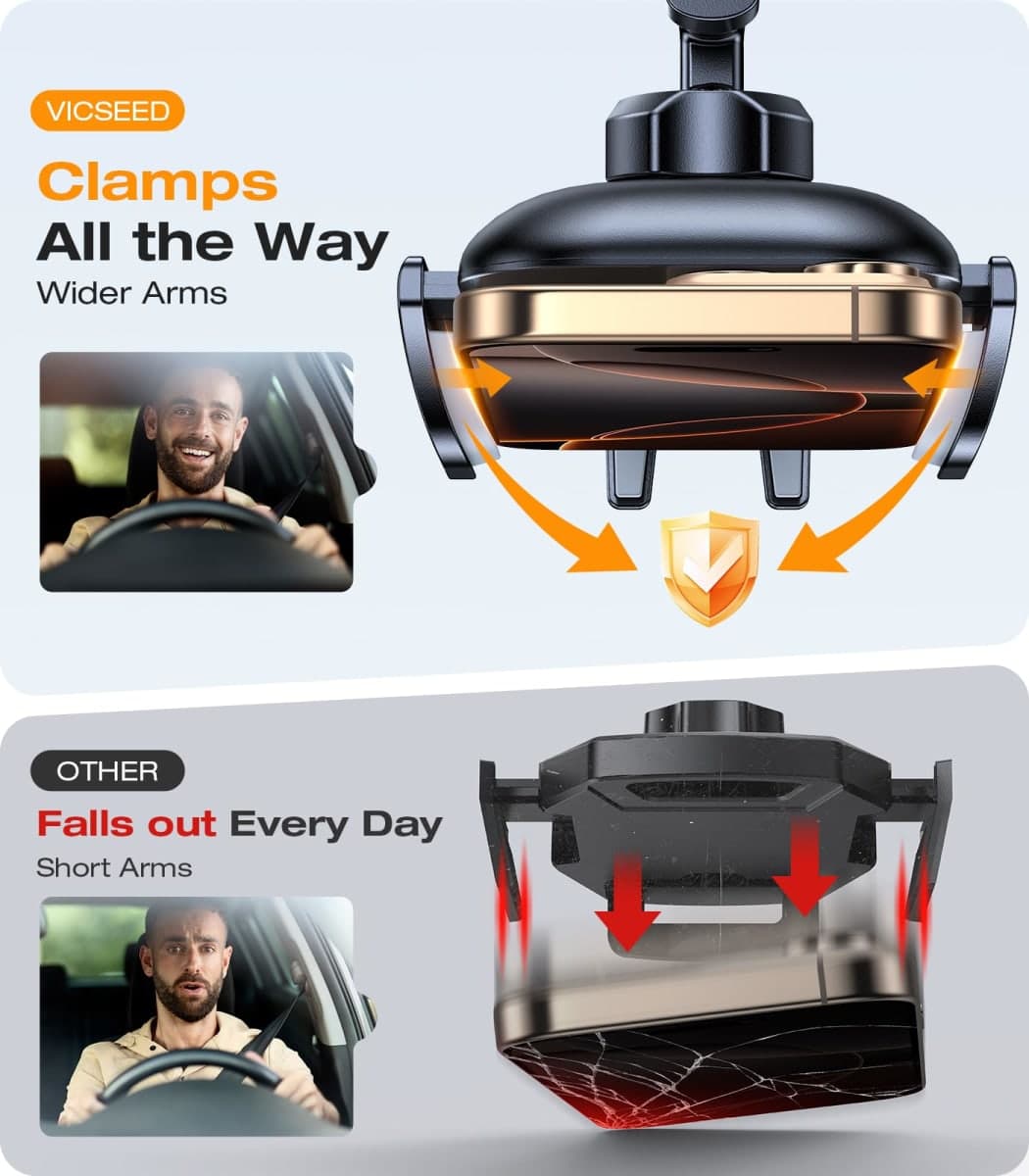 VICSEED 𝗠𝗶𝗹𝗶𝘁𝗮𝗿𝘆-𝗚𝗿𝗮𝗱𝗲 𝗦𝘁𝘂𝗿𝗱𝘆 Phone Mount for Car, 𝗨𝗽𝗴𝗿𝗮𝗱𝗲𝗱 𝗔𝗻𝘁𝗶 𝗦𝗵𝗮𝗸𝗲 CD Slot & Air Vent Thick Case Friendly Car Phone Holder Mount Fit for iPhone 14 13 All Phones thumbnail 4