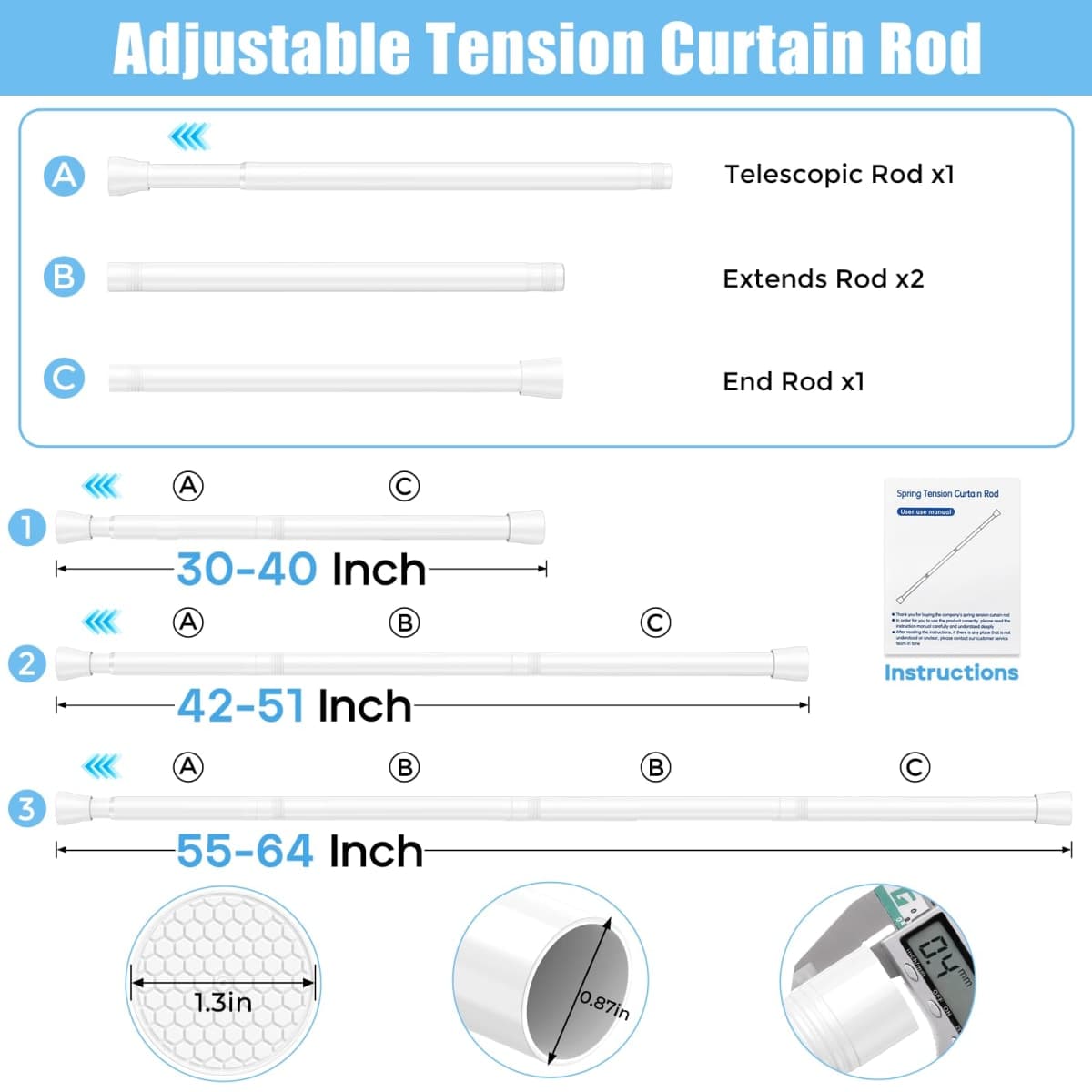AIZESI Tension Curtain Rod 30-64 Inch No Drilling Adjustable Tension Rod Never Rust & Non-Slip Tension Curtain Rod White Spring Loaded Curtain Rods for Window Bathroom Doorway Closet Cupboard thumbnail 2