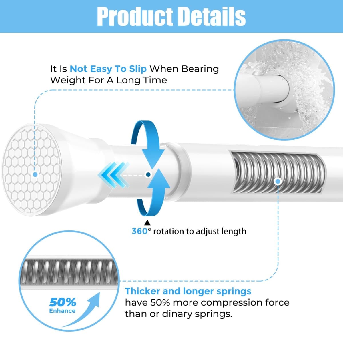 AIZESI Tension Curtain Rod 30-64 Inch No Drilling Adjustable Tension Rod Never Rust & Non-Slip Tension Curtain Rod White Spring Loaded Curtain Rods for Window Bathroom Doorway Closet Cupboard thumbnail 3