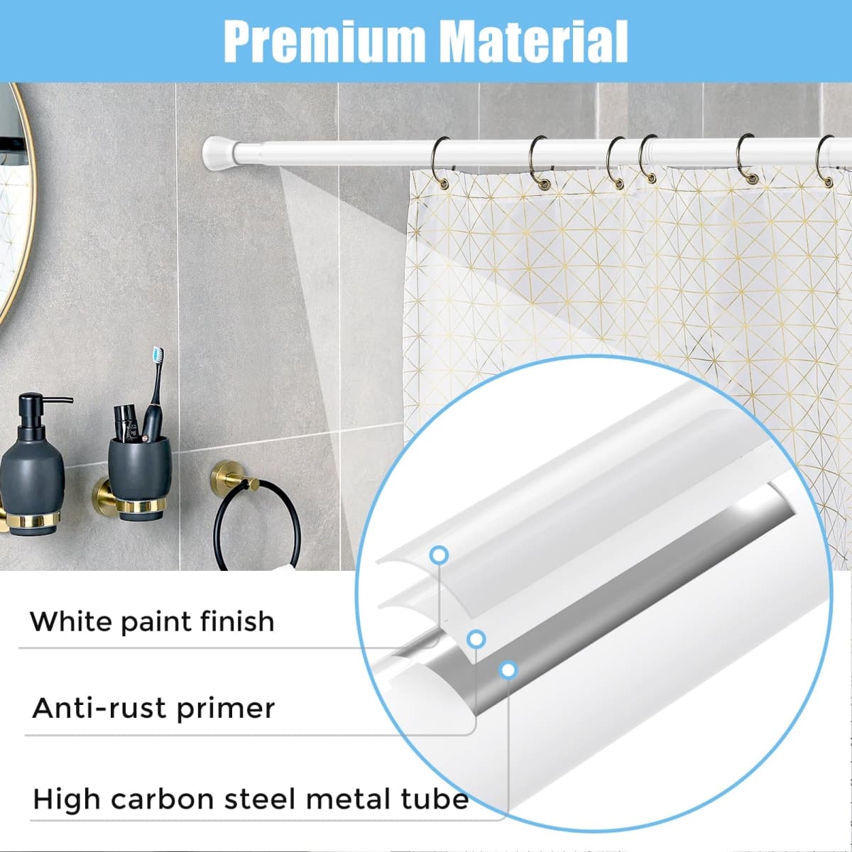 AIZESI Tension Curtain Rod 30-64 Inch No Drilling Adjustable Tension Rod Never Rust & Non-Slip Tension Curtain Rod White Spring Loaded Curtain Rods for Window Bathroom Doorway Closet Cupboard thumbnail 4