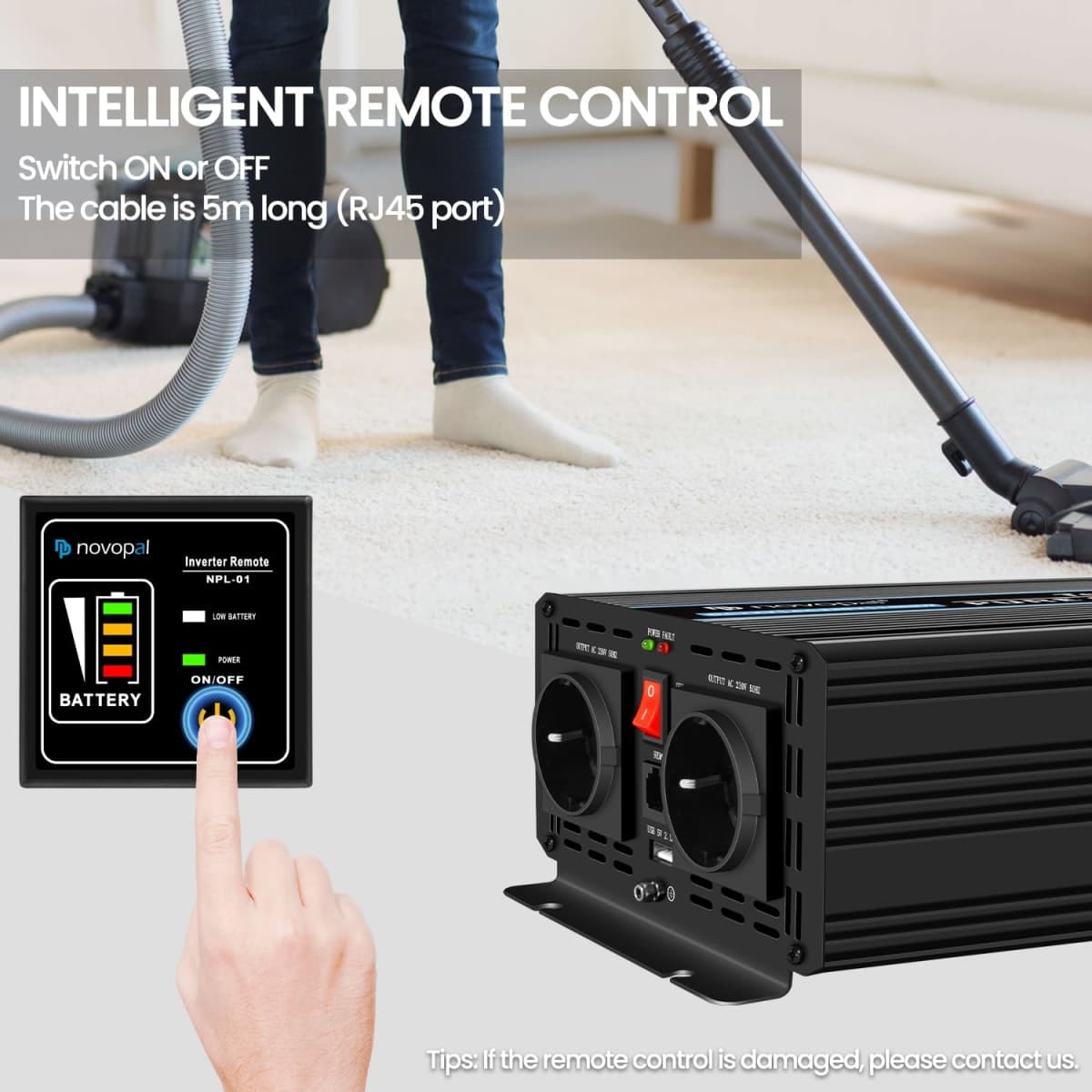 novopal 1000 W Car Pure Sine Wave Voltage Converter Car Inverter 12 V to 230 V Converter with 2 EU Sockets and USB Port Including 5 Metre Remote Control - Peak Power 2000 Watt thumbnail 4