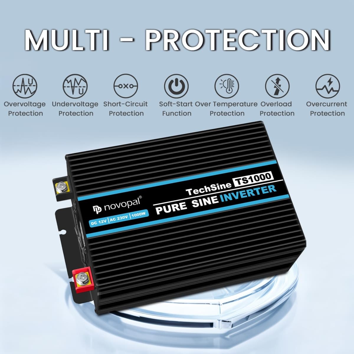 novopal 1000 W Car Pure Sine Wave Voltage Converter Car Inverter 12 V to 230 V Converter with 2 EU Sockets and USB Port Including 5 Metre Remote Control - Peak Power 2000 Watt thumbnail 5