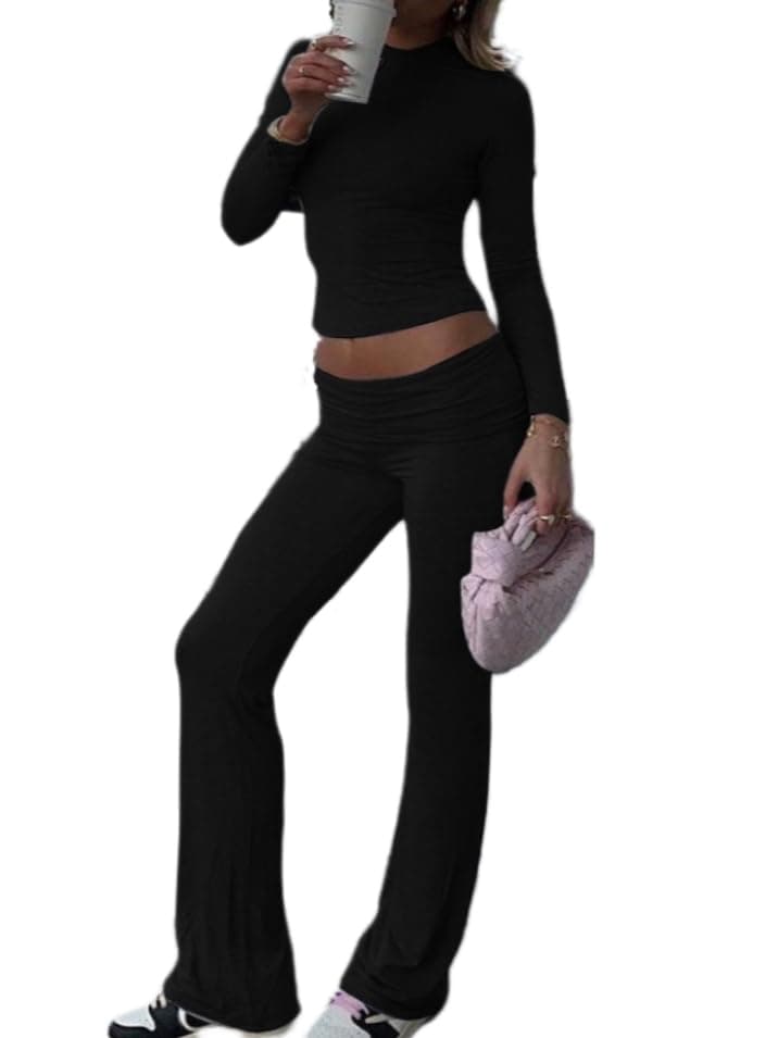 AYWA Women's 2 Piece Outfits Foldover Flare Pants Long Sleeve Crew Neck T-shirt Fitted Pajama Sets, Jet Black, Medium — image 1