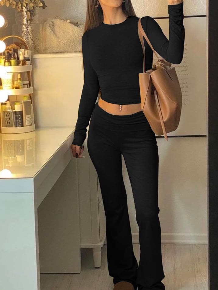 AYWA Women's 2 Piece Outfits Foldover Flare Pants Long Sleeve Crew Neck T-shirt Fitted Pajama Sets, Jet Black, Medium thumbnail 2