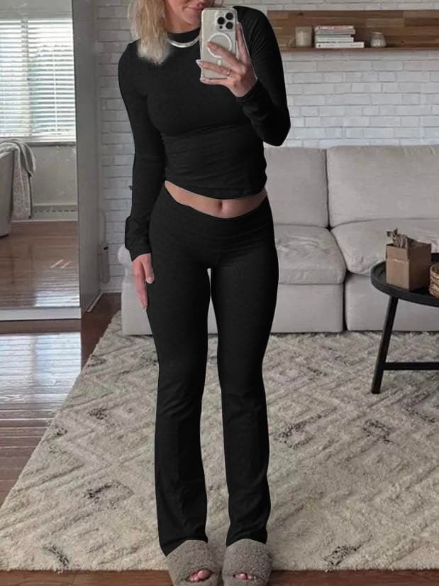 AYWA Women's 2 Piece Outfits Foldover Flare Pants Long Sleeve Crew Neck T-shirt Fitted Pajama Sets, Jet Black, Medium thumbnail 3