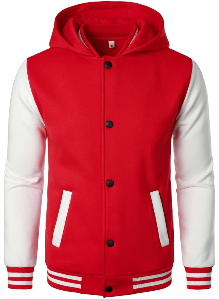 HOOD CREW Mens Casual Sports Varsity Jacket Fashion Hooded Letterman Jackets, Red, XX-Large