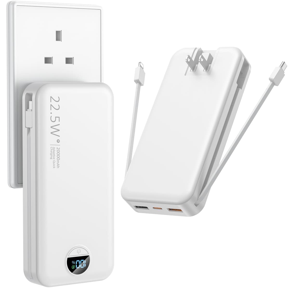 Ffnpua Portable Charger with Wall Plug, 20000mAh USB C Power Bank Fast Charging, External Battery Pack with Built in Cables, Digital Display, 5 Output 2 Input for iPhone Android Cell Phone Tablet