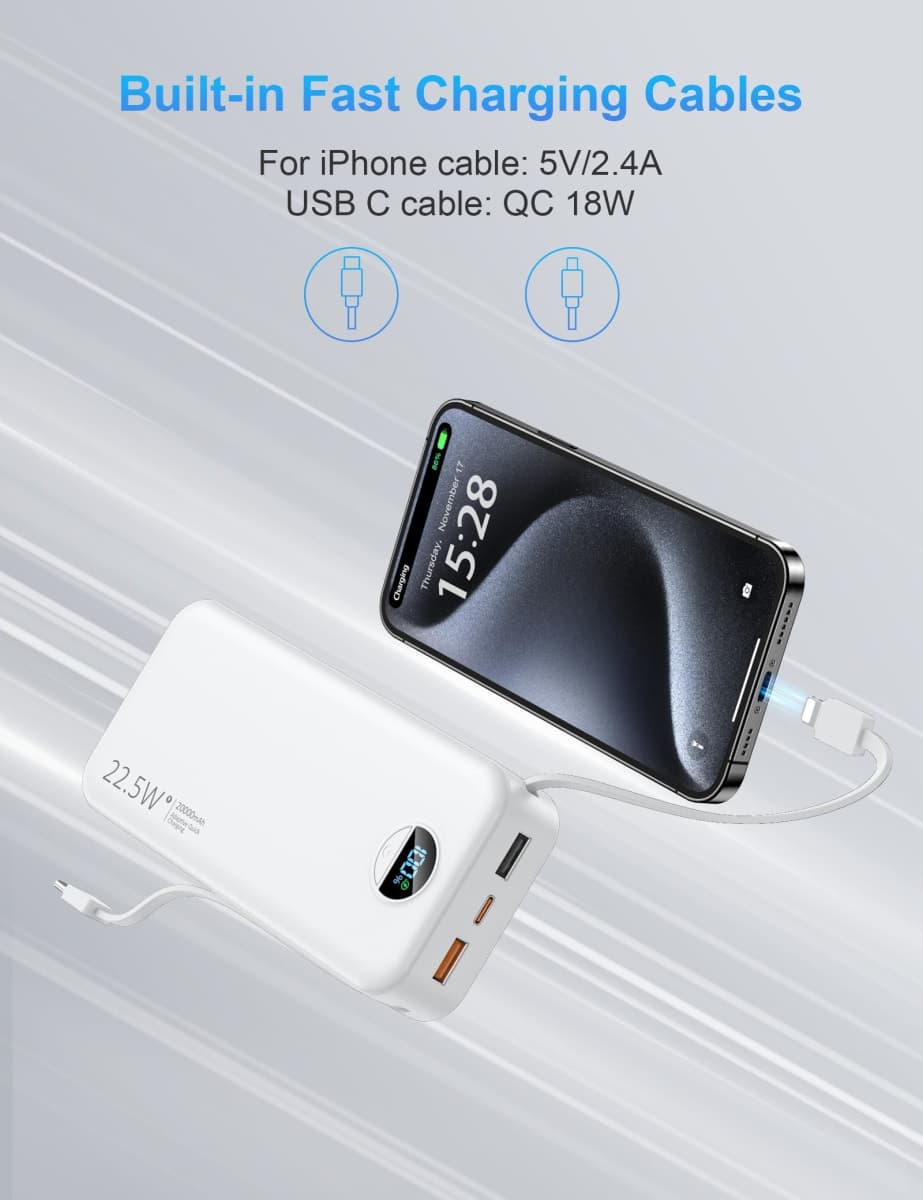 Ffnpua Portable Charger with Wall Plug, 20000mAh USB C Power Bank Fast Charging, External Battery Pack with Built in Cables, Digital Display, 5 Output 2 Input for iPhone Android Cell Phone Tablet thumbnail 5