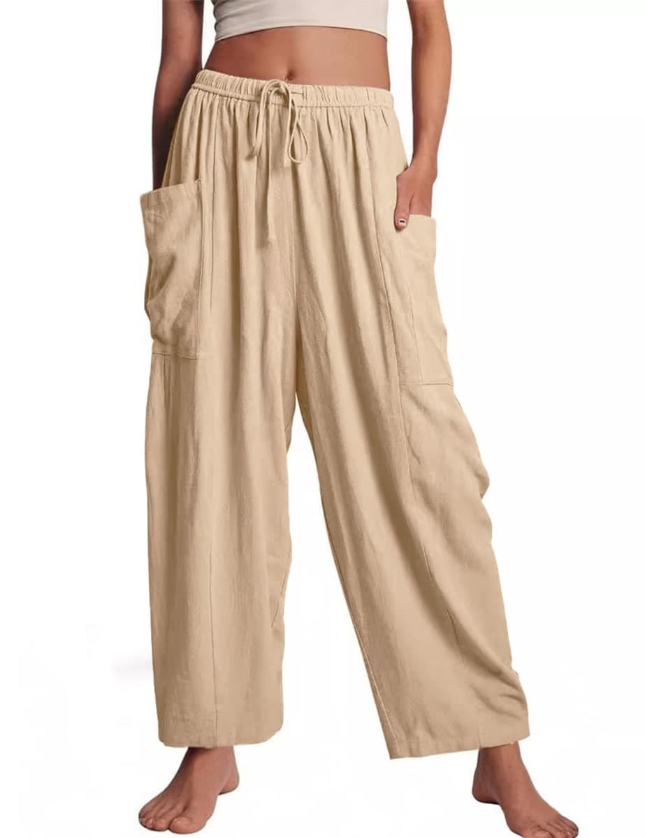 Kissonic Womens Wide Leg Pants Casual Loose Drawstring Flowy Summer Beach Palazzo Harem Pants with Pockets, Lightkhaki, XX-Large
