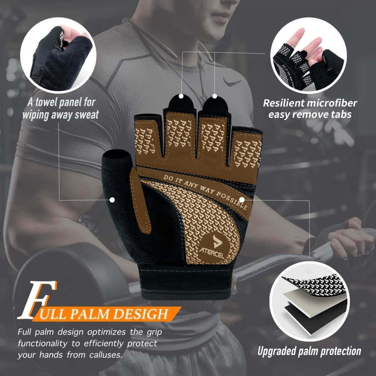 ATERCEL Weight Lifting Gloves Full Palm Protection, Workout Gloves for Gym, Cycling, Exercise, Breathable, Super Lightweight for Men and Women(Black, L) thumbnail 2