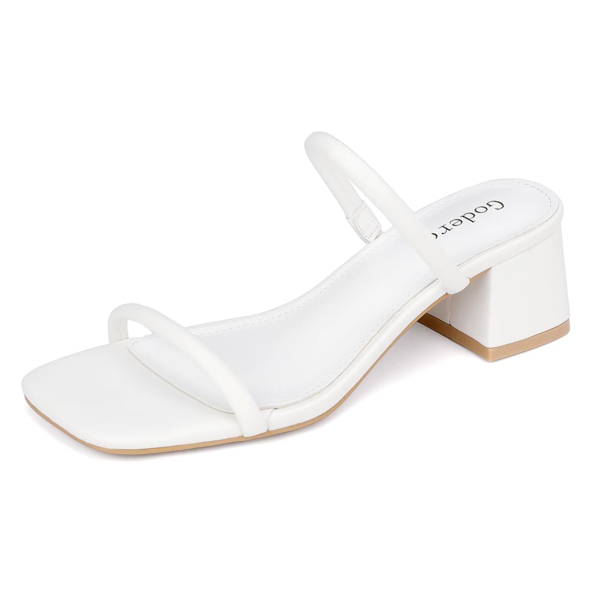 Goderci Women's Chunky Block Low Heeled Sandals Two Strap Square Open Toe Slip On Mule Heels, White, 8.5