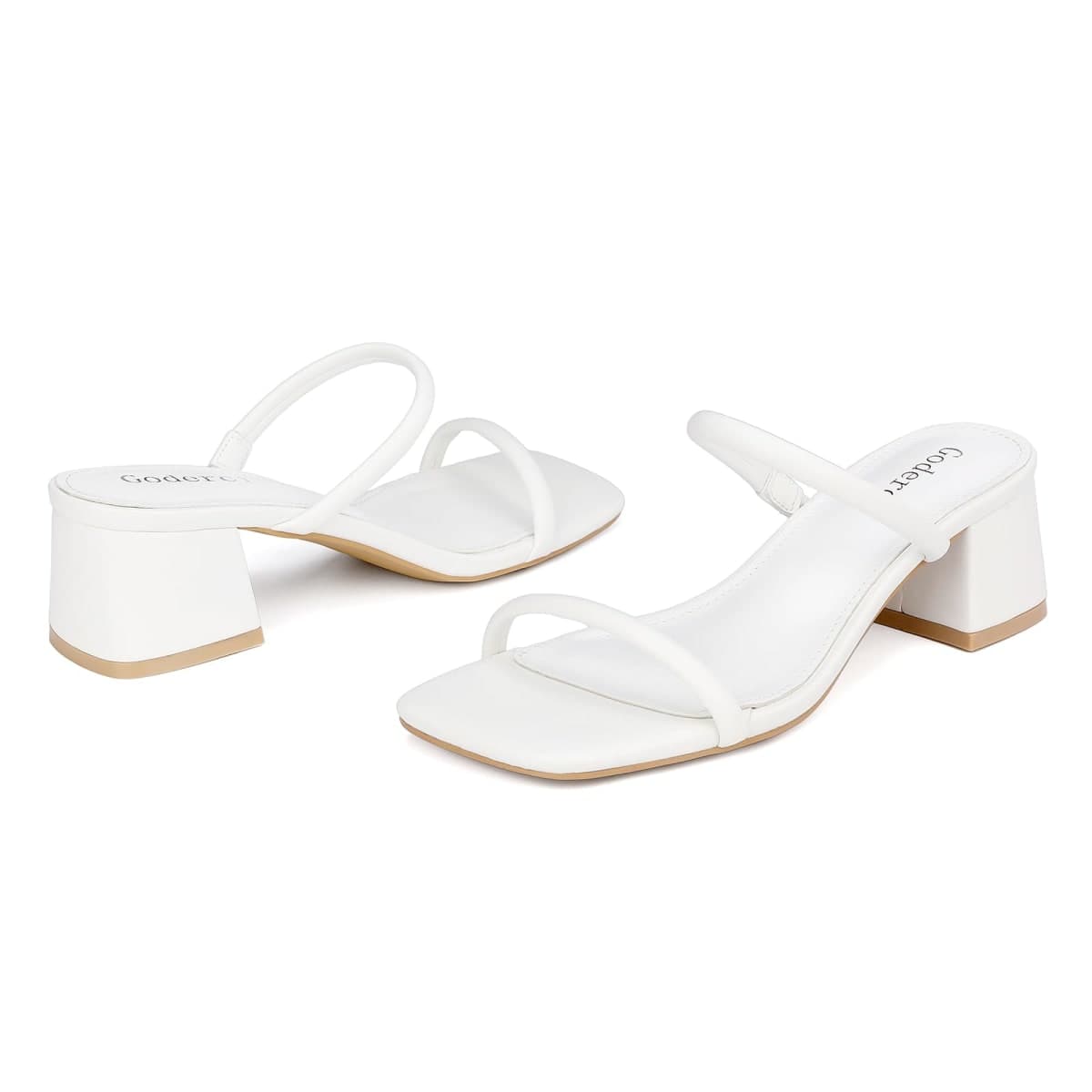 Goderci Women's Chunky Block Low Heeled Sandals Two Strap Square Open Toe Slip On Mule Heels, White, 8.5 thumbnail 5