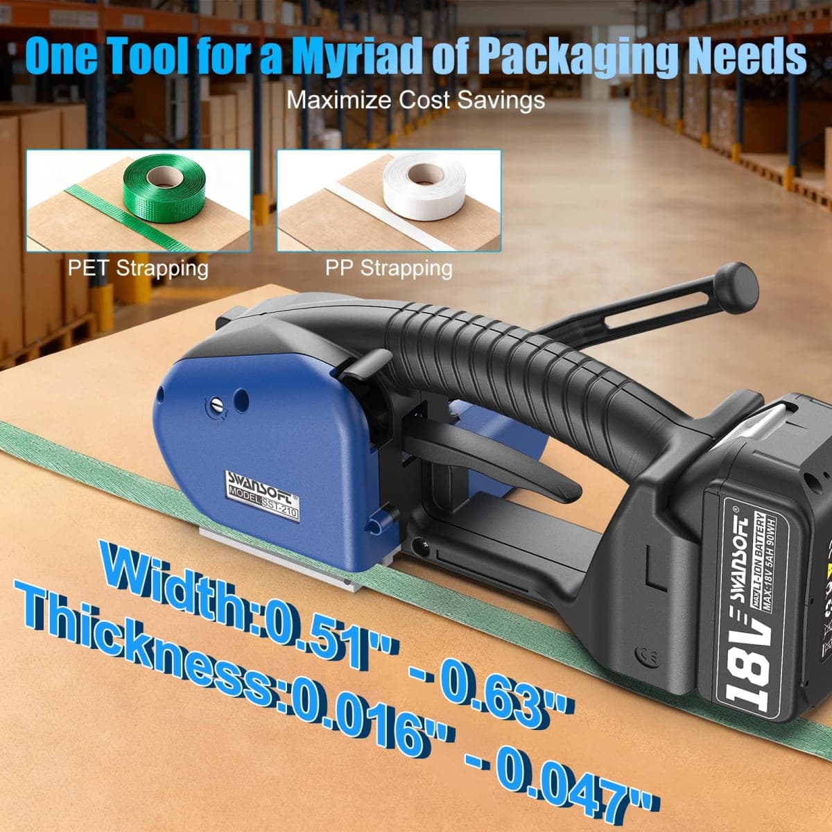 SWANSOFT Electric Strapping Machine for Width 0.51" - 0.63" PP PET Straps, 2 x 5000mAh 18V Battery Automatic Strapping Tool, Handheld Semi-Automatic Banding Tools for Packaging Box Pallet thumbnail 4