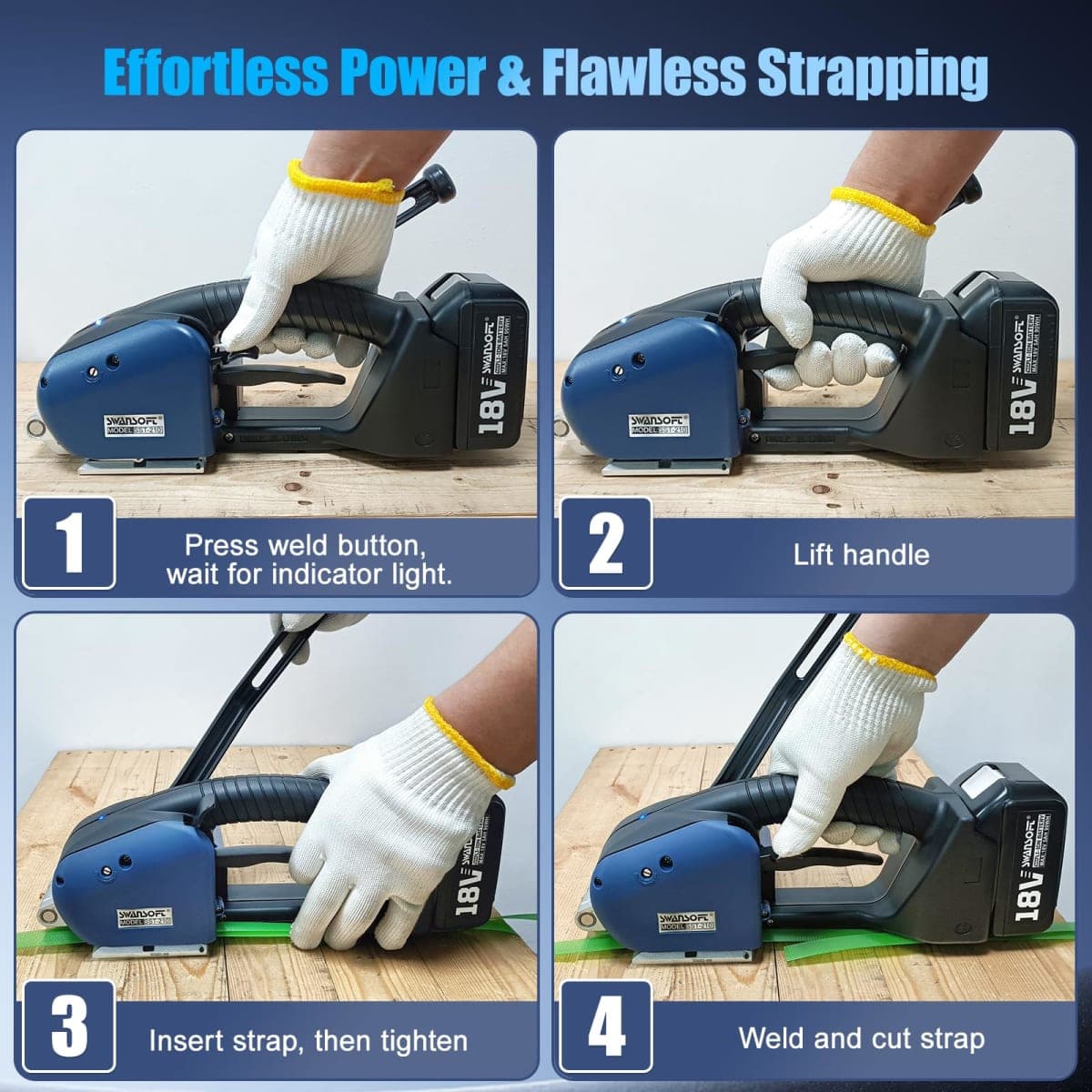SWANSOFT Electric Strapping Machine for Width 0.51" - 0.63" PP PET Straps, 2 x 5000mAh 18V Battery Automatic Strapping Tool, Handheld Semi-Automatic Banding Tools for Packaging Box Pallet thumbnail 5